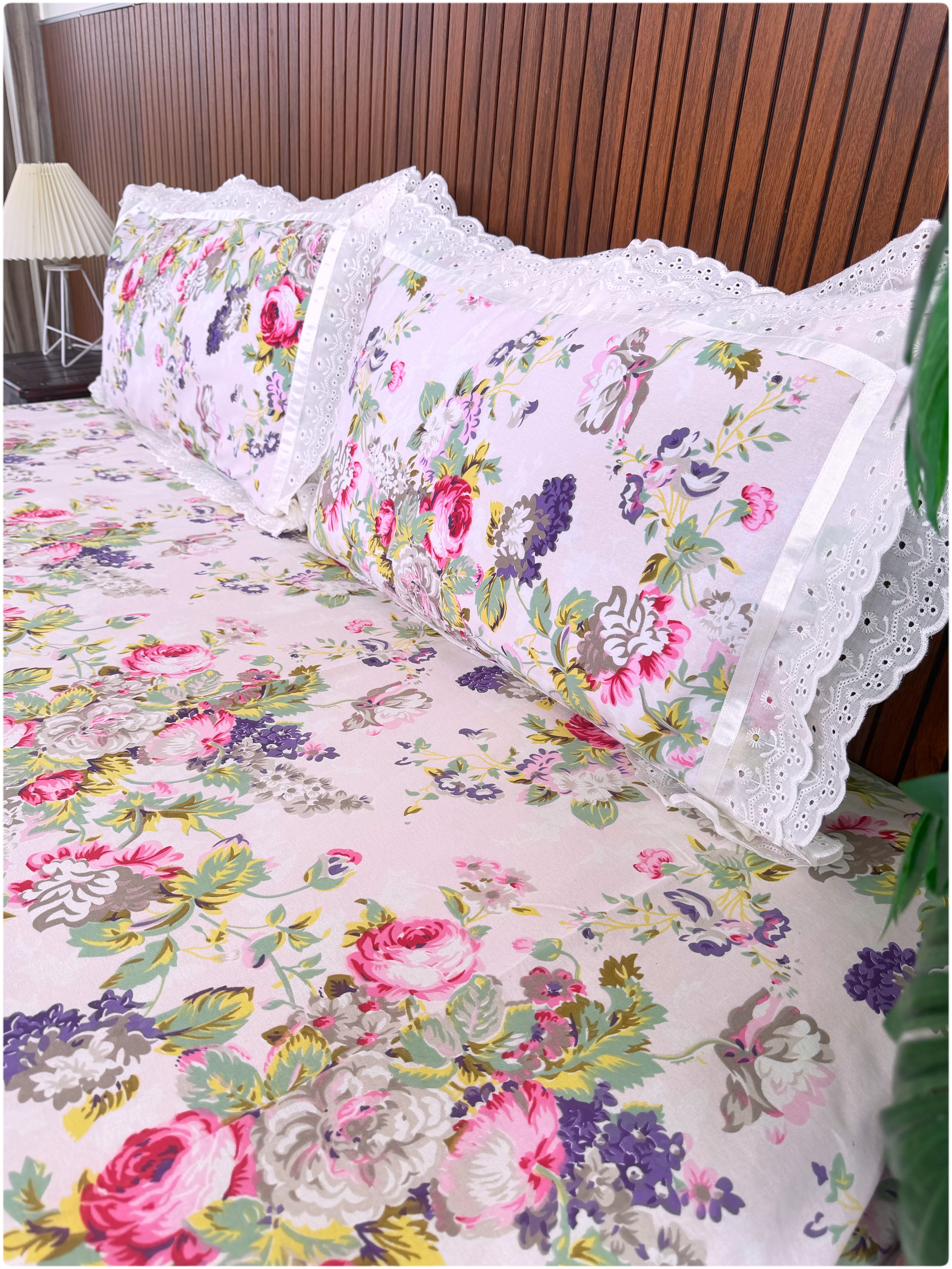 Floral Printed Super King Sized Bedsheet & Pillow Covers with Lace - Baby Pink