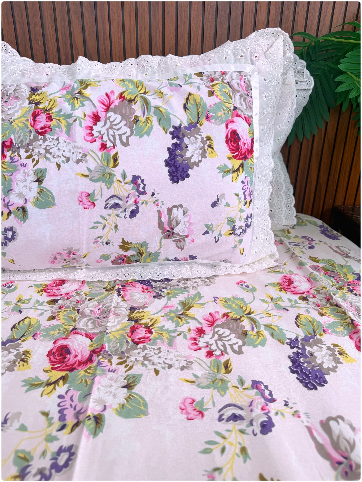 Floral Printed Super King Sized Bedsheet & Pillow Covers with Lace - Baby Pink