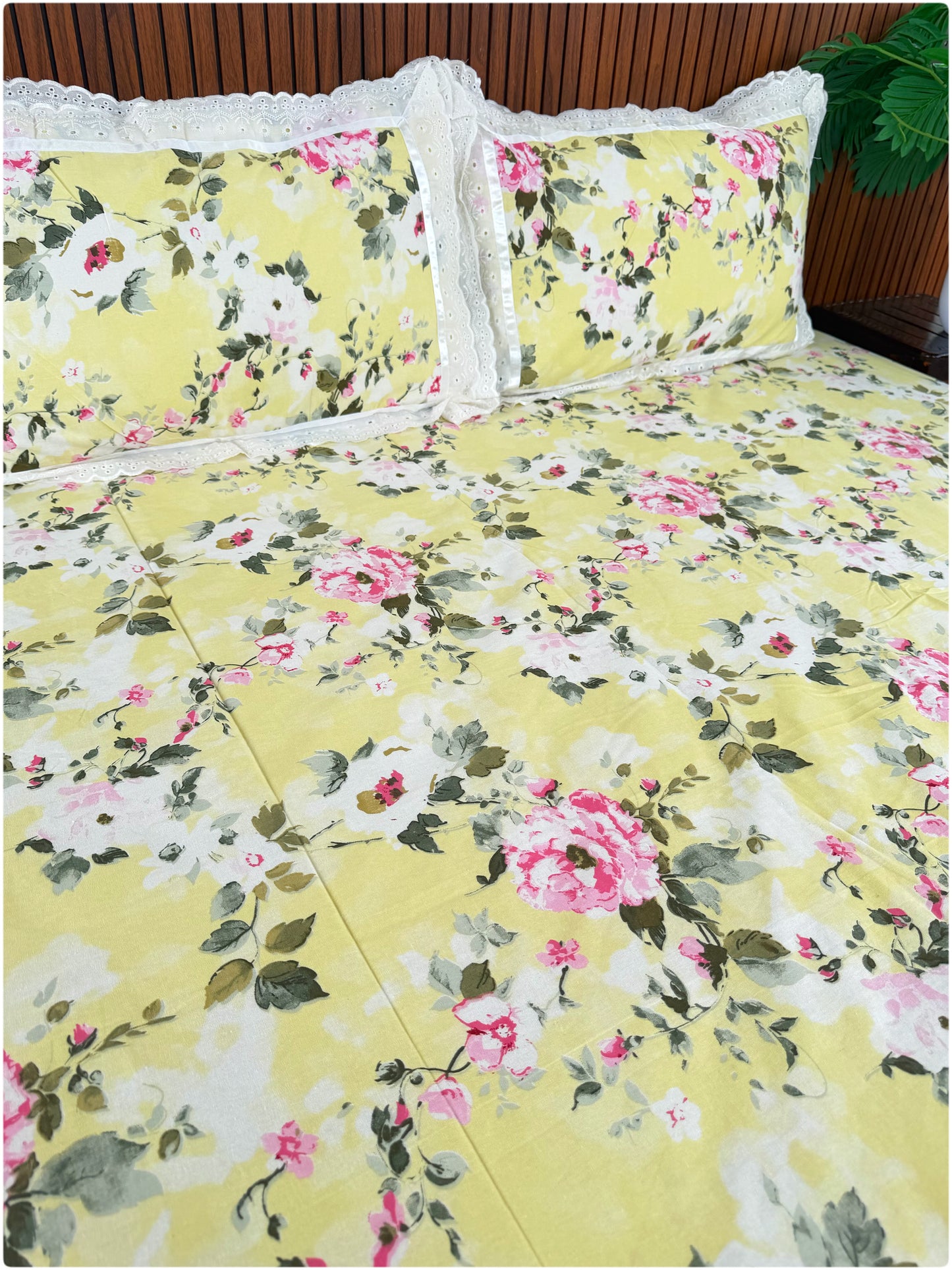 Floral Printed Super King Sized Bedsheet & Pillow Covers with Lace - Lemon