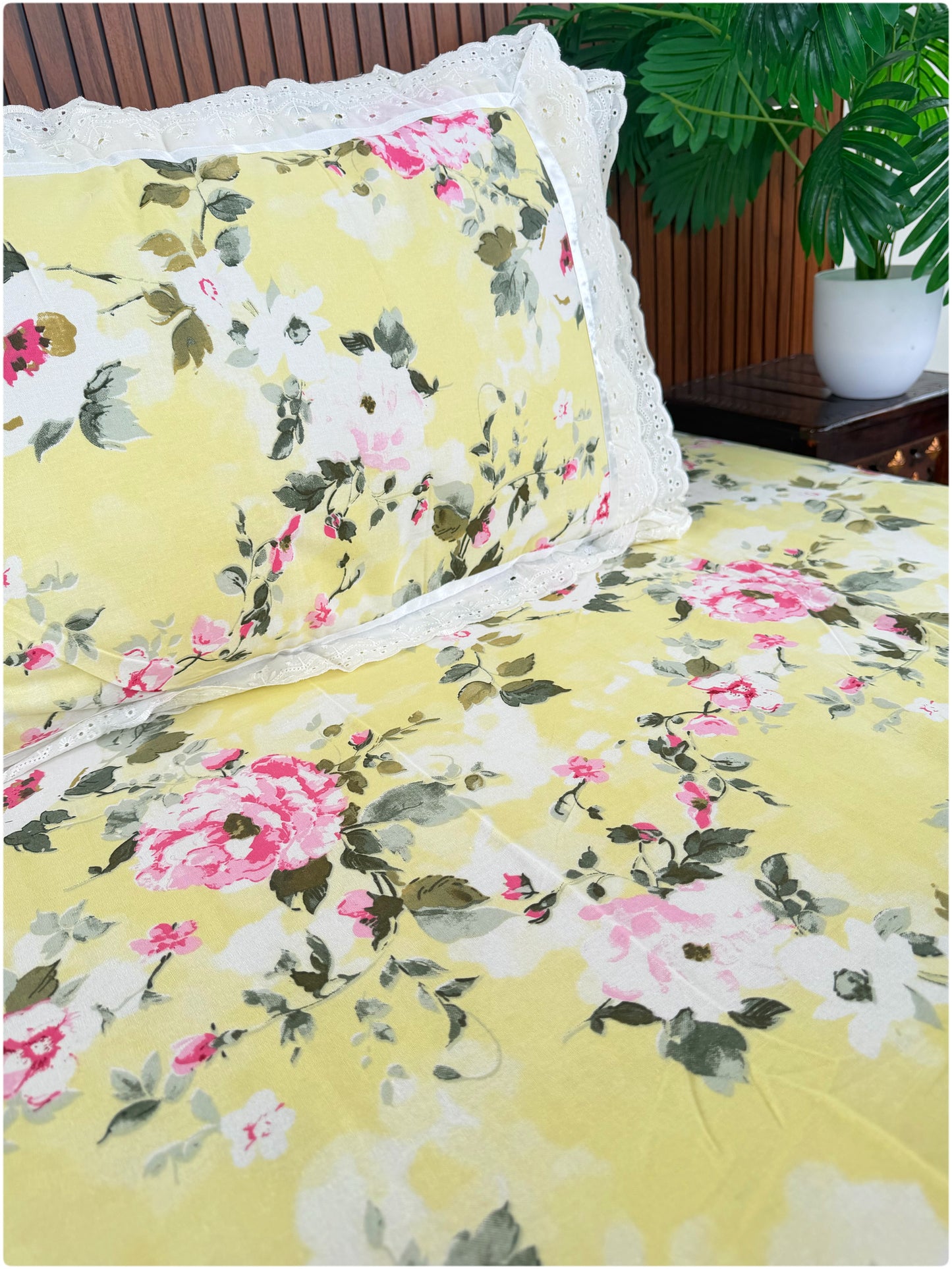 Floral Printed Super King Sized Bedsheet & Pillow Covers with Lace - Lemon
