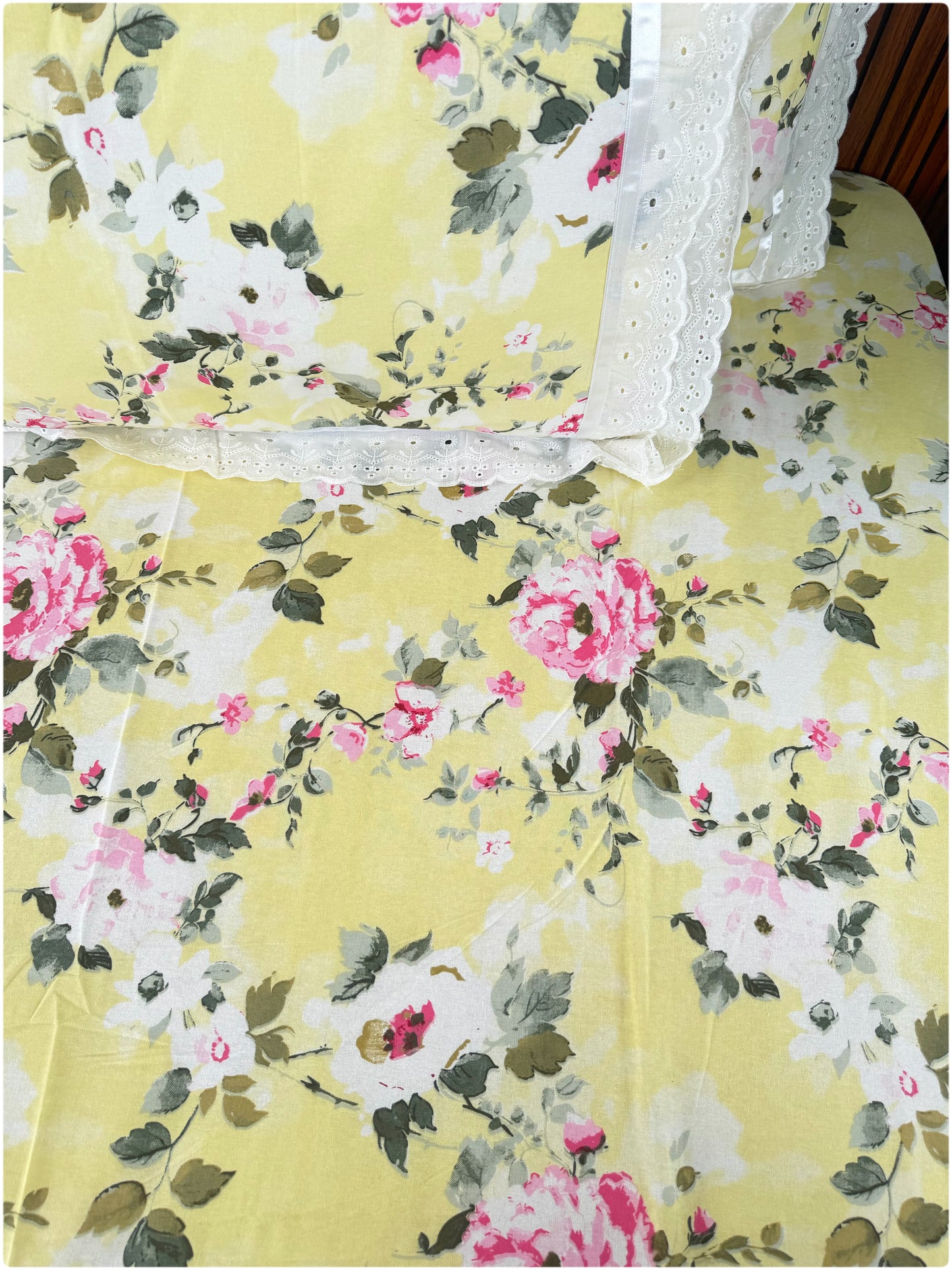 Floral Printed Super King Sized Bedsheet & Pillow Covers with Lace - Lemon