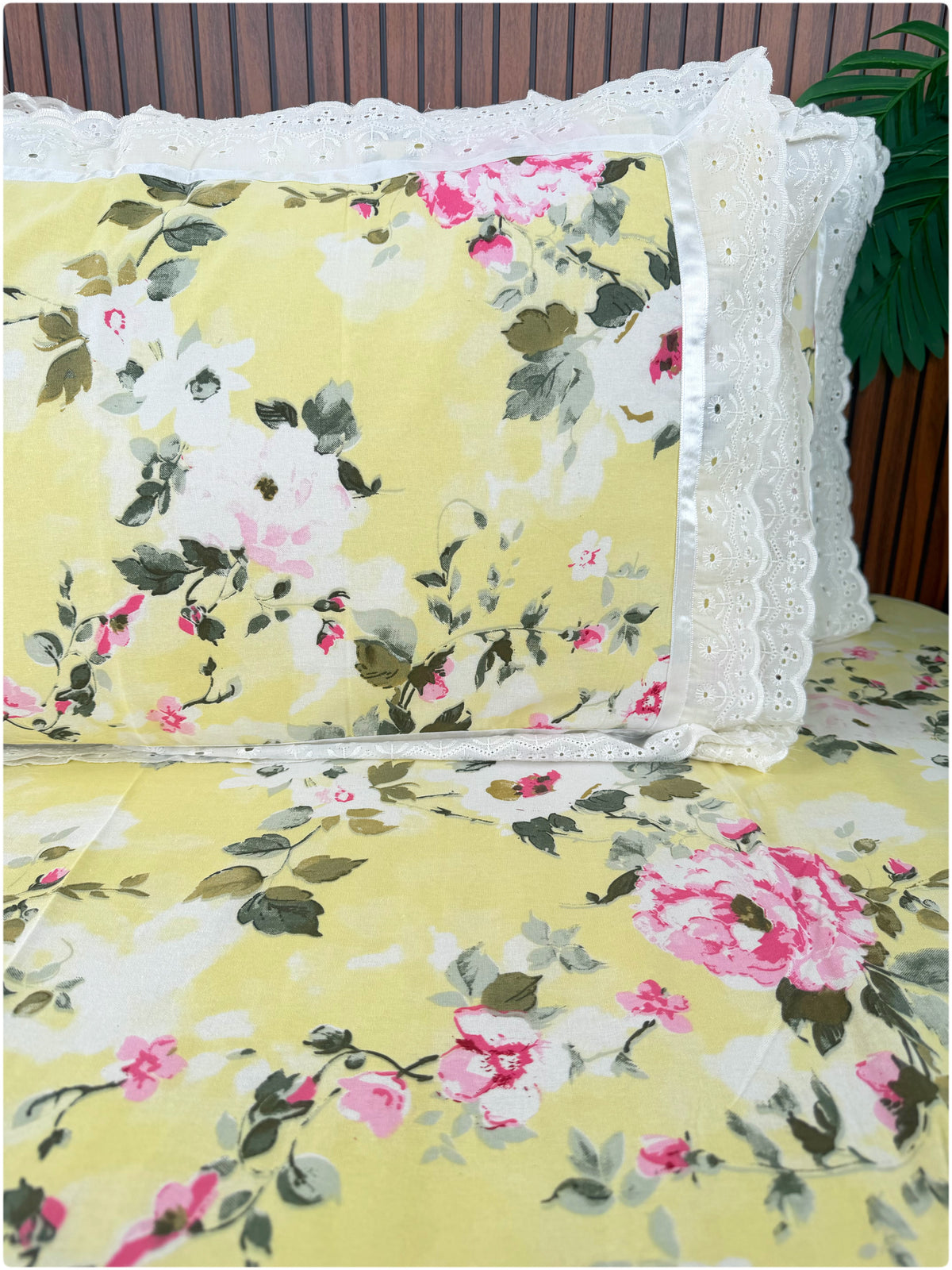 Floral Printed Super King Sized Bedsheet & Pillow Covers with Lace - Lemon