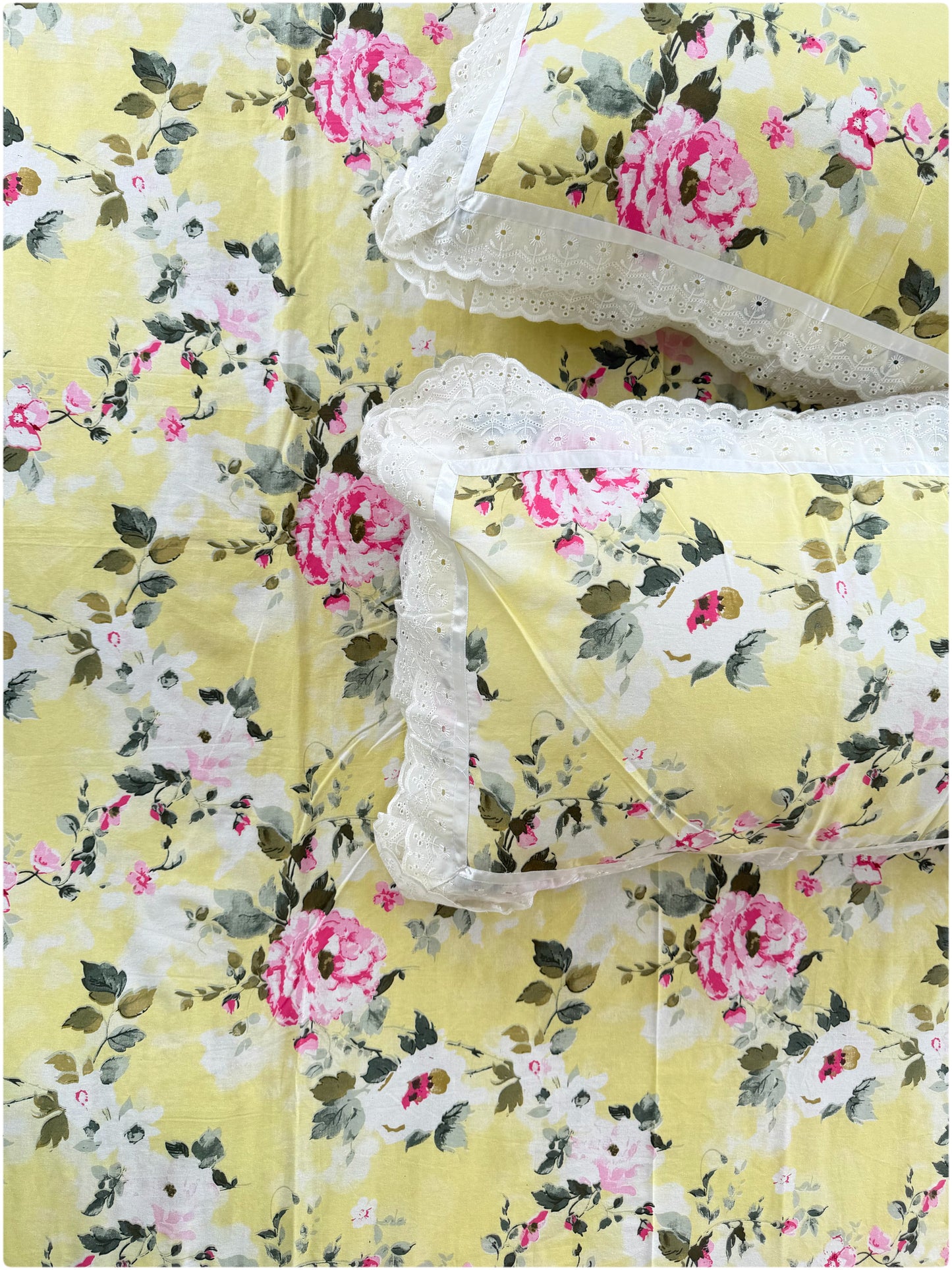 Floral Printed Super King Sized Bedsheet & Pillow Covers with Lace - Lemon