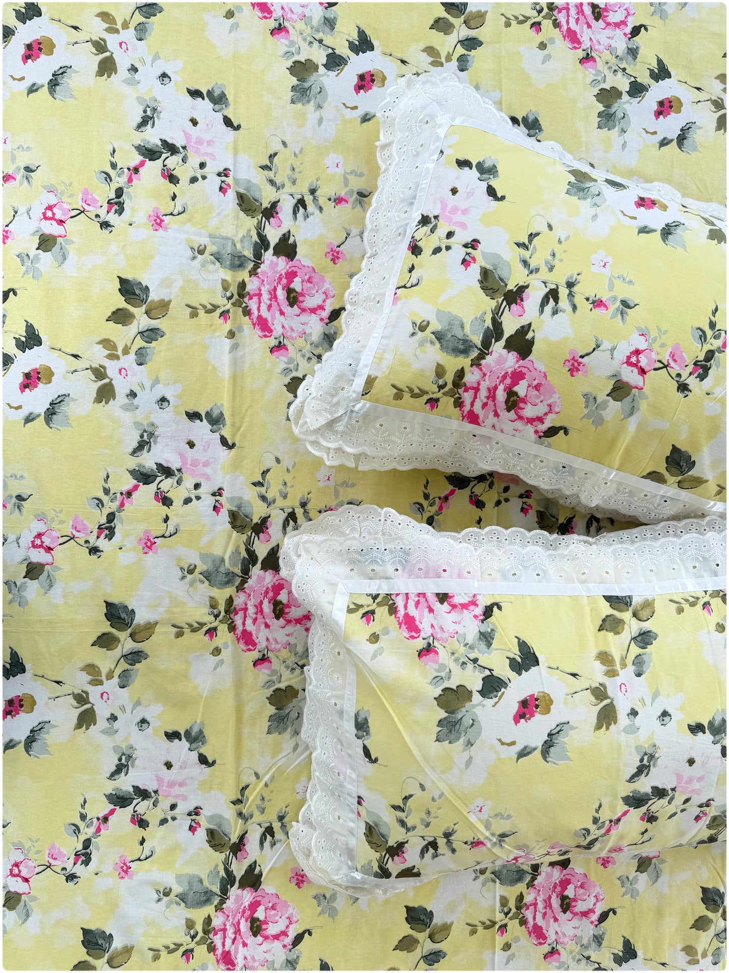 Floral Printed Super King Sized Bedsheet & Pillow Covers with Lace - Lemon