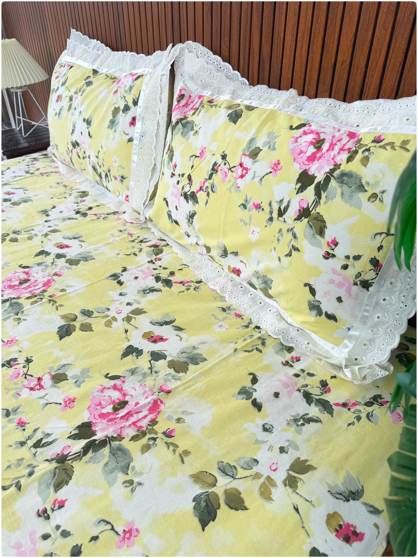 Floral Printed Super King Sized Bedsheet & Pillow Covers with Lace - Lemon