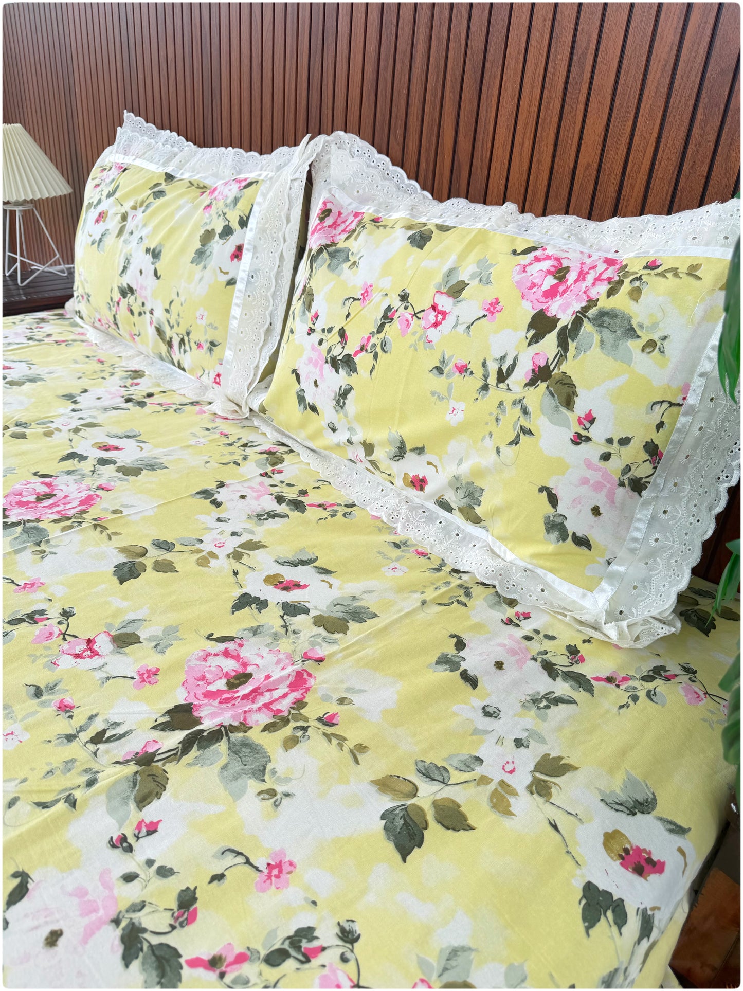 Floral Printed Super King Sized Bedsheet & Pillow Covers with Lace - Lemon