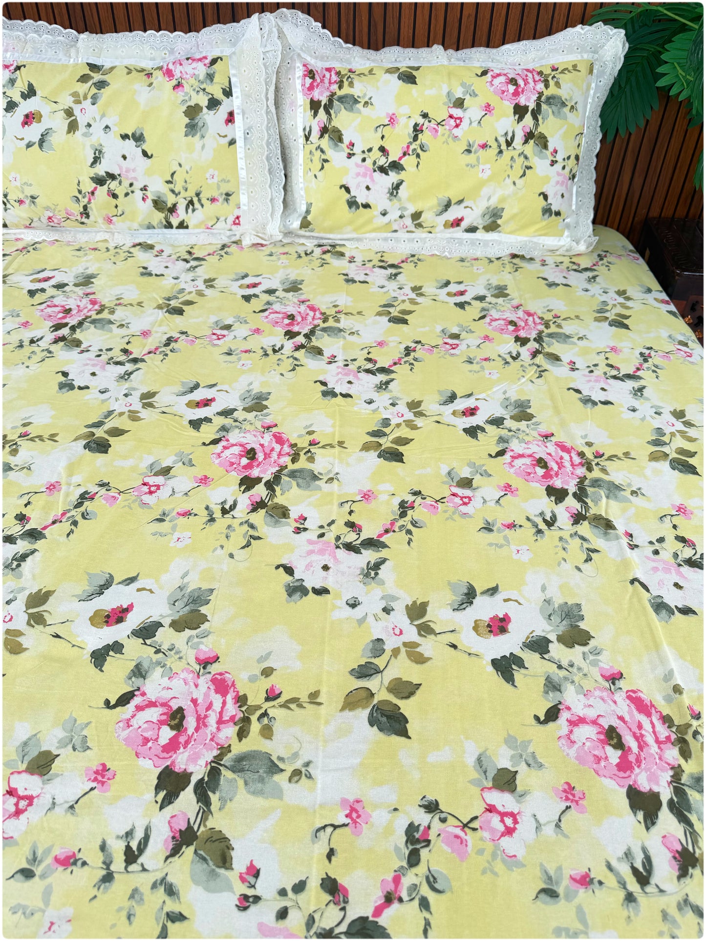 Floral Printed Super King Sized Bedsheet & Pillow Covers with Lace - Lemon