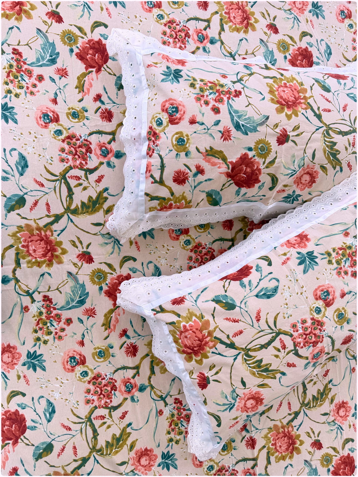 Floral Printed Super King Sized Bedsheet & Pillow Covers with Lace - Peach