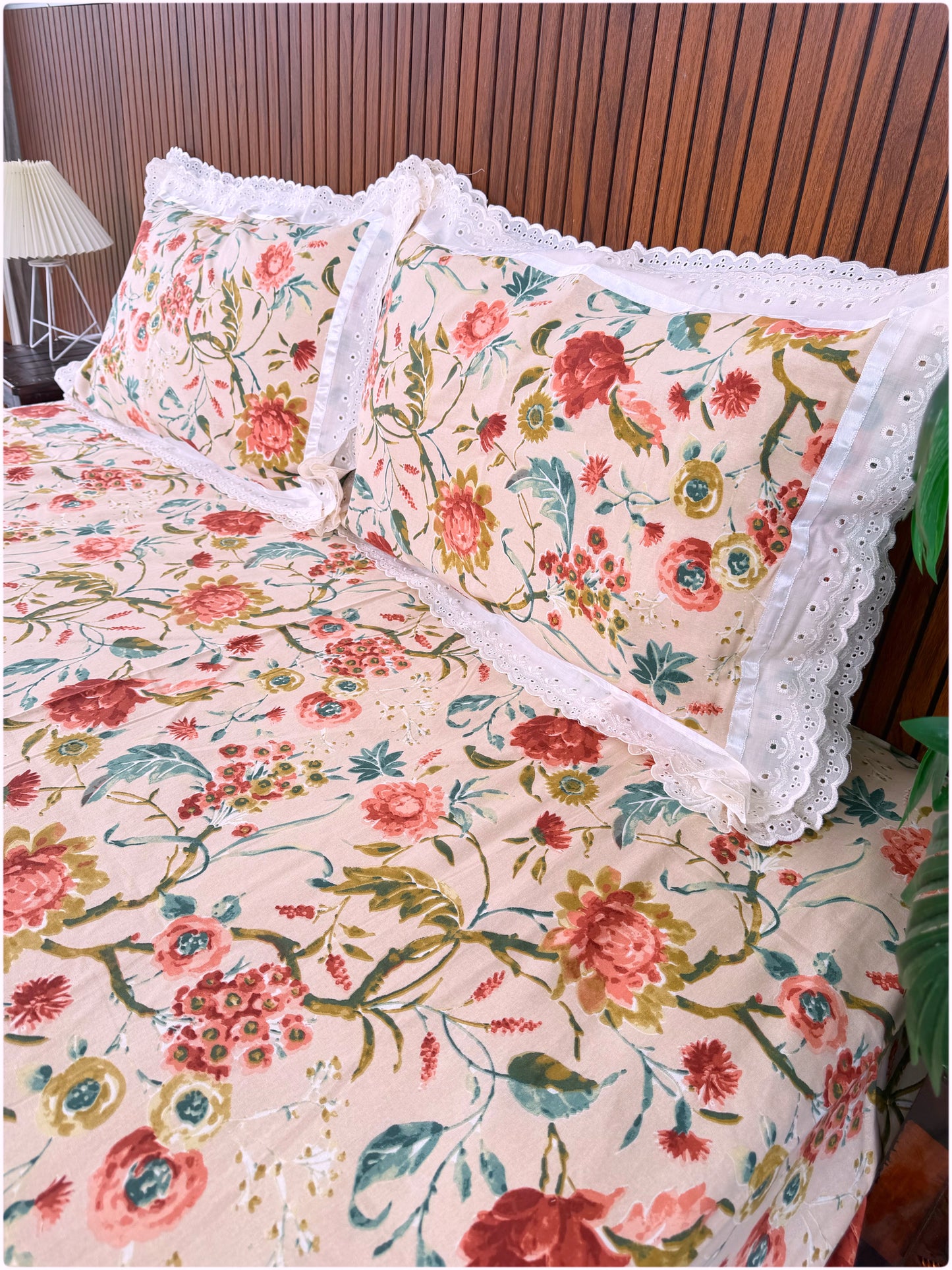 Floral Printed Super King Sized Bedsheet & Pillow Covers with Lace - Peach