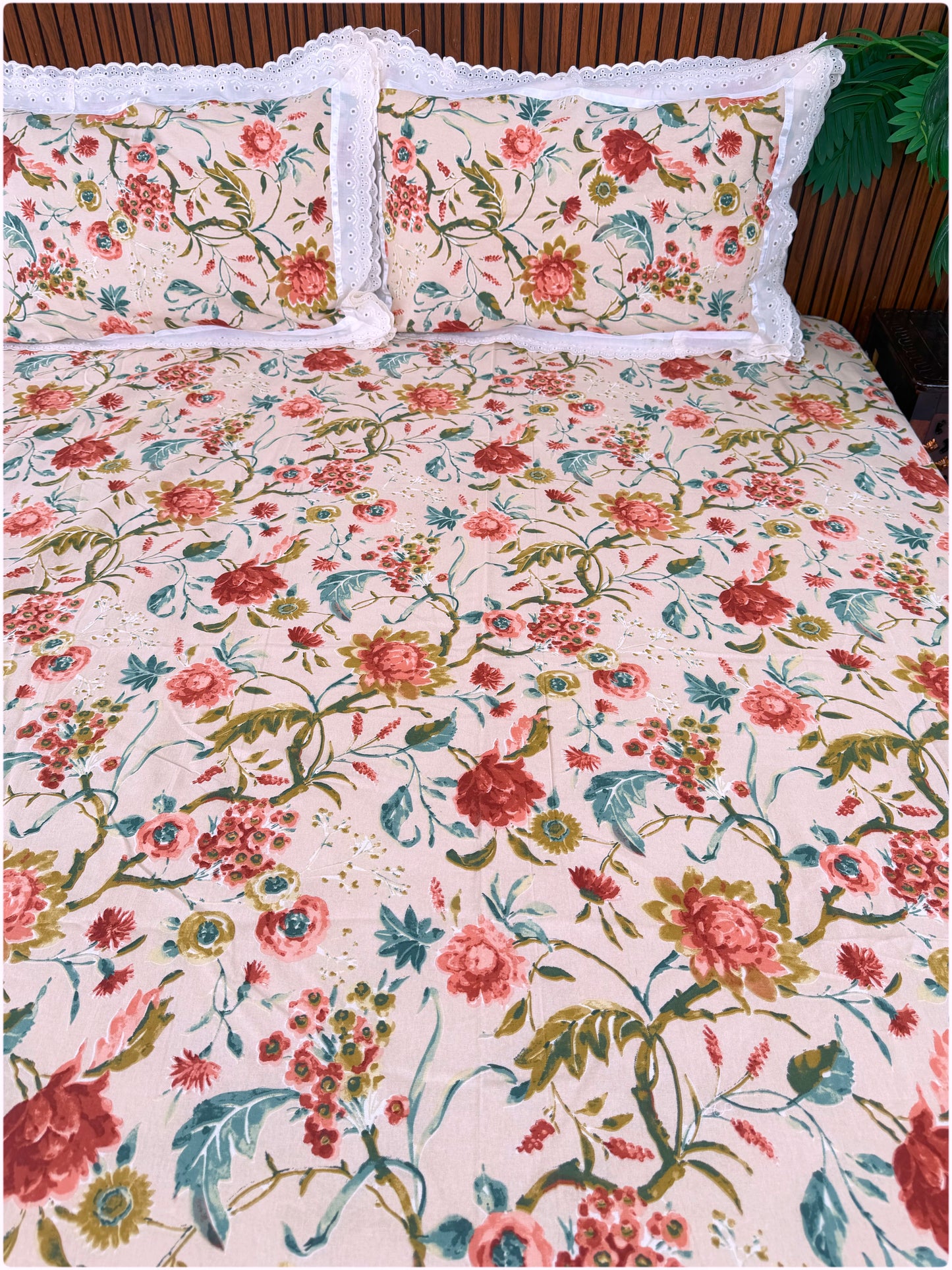 Floral Printed Super King Sized Bedsheet & Pillow Covers with Lace - Peach