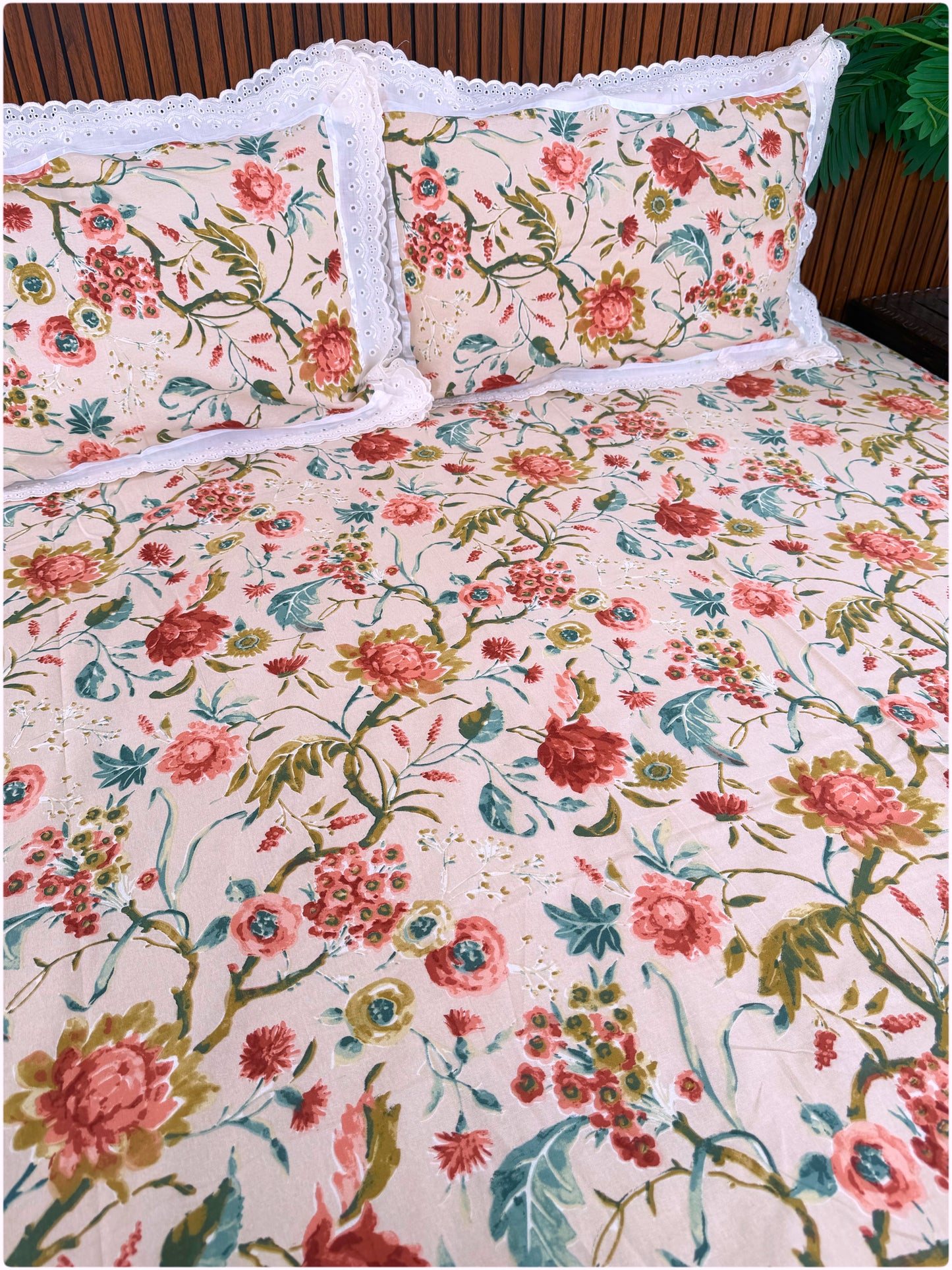 Floral Printed Super King Sized Bedsheet & Pillow Covers with Lace - Peach