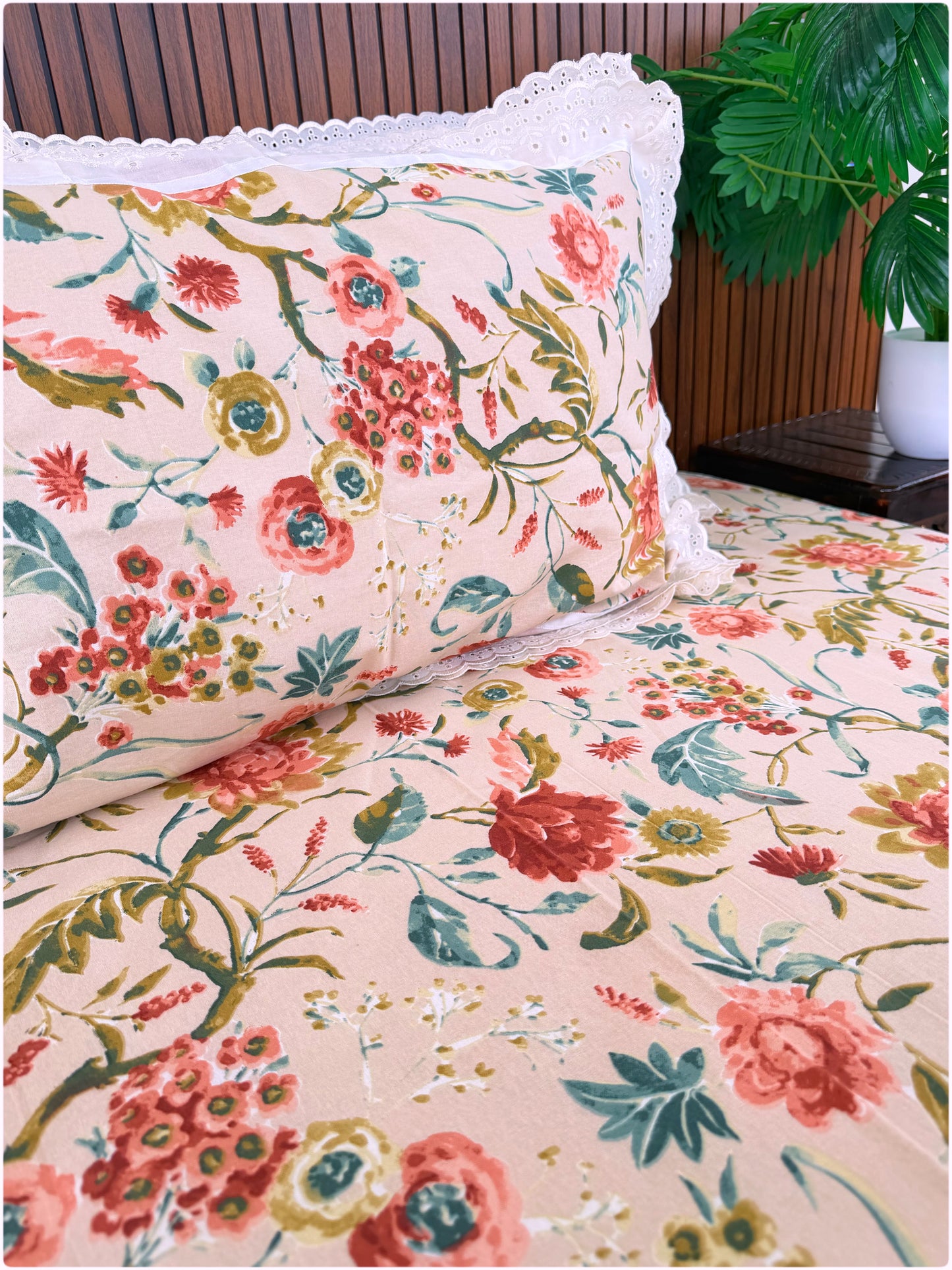 Floral Printed Super King Sized Bedsheet & Pillow Covers with Lace - Peach