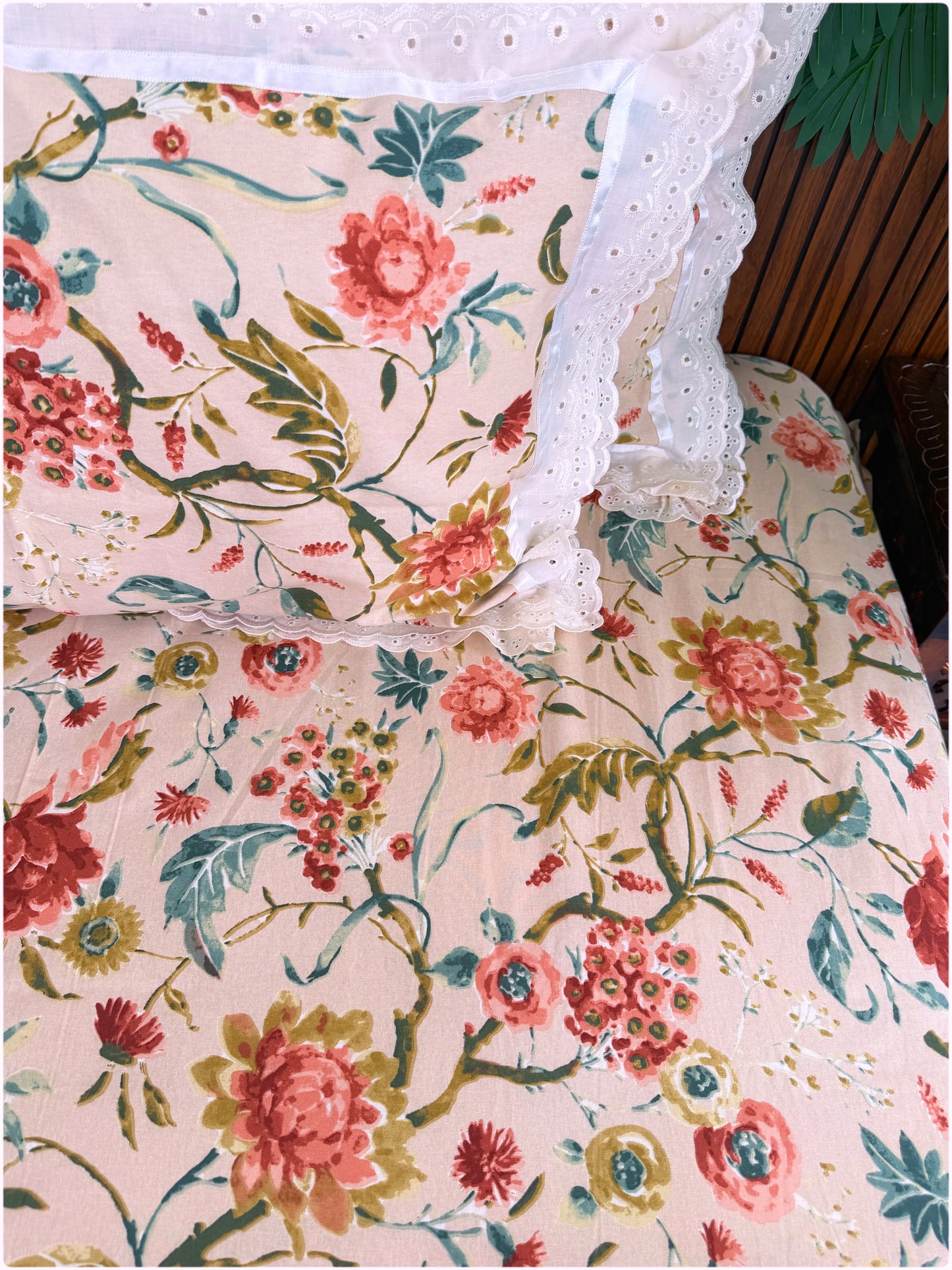 Floral Printed Super King Sized Bedsheet & Pillow Covers with Lace - Peach