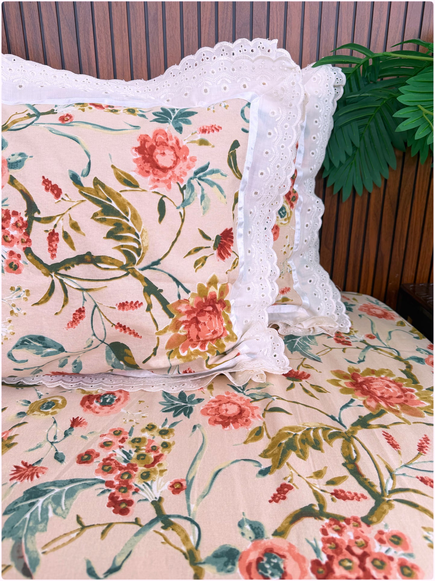 Floral Printed Super King Sized Bedsheet & Pillow Covers with Lace - Peach