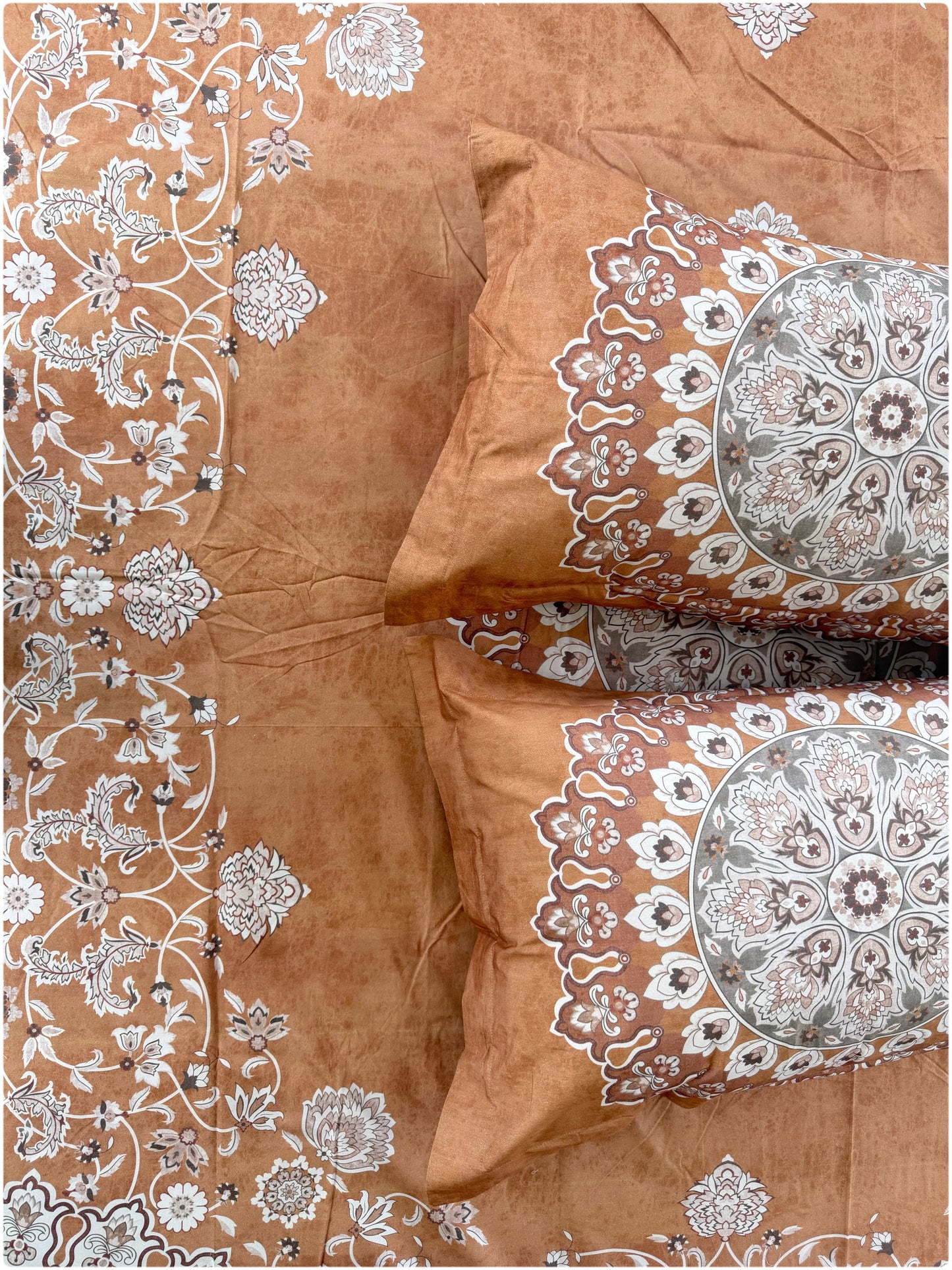 Ethnic Premium Super King Size Bedsheet - 300TC - Rust