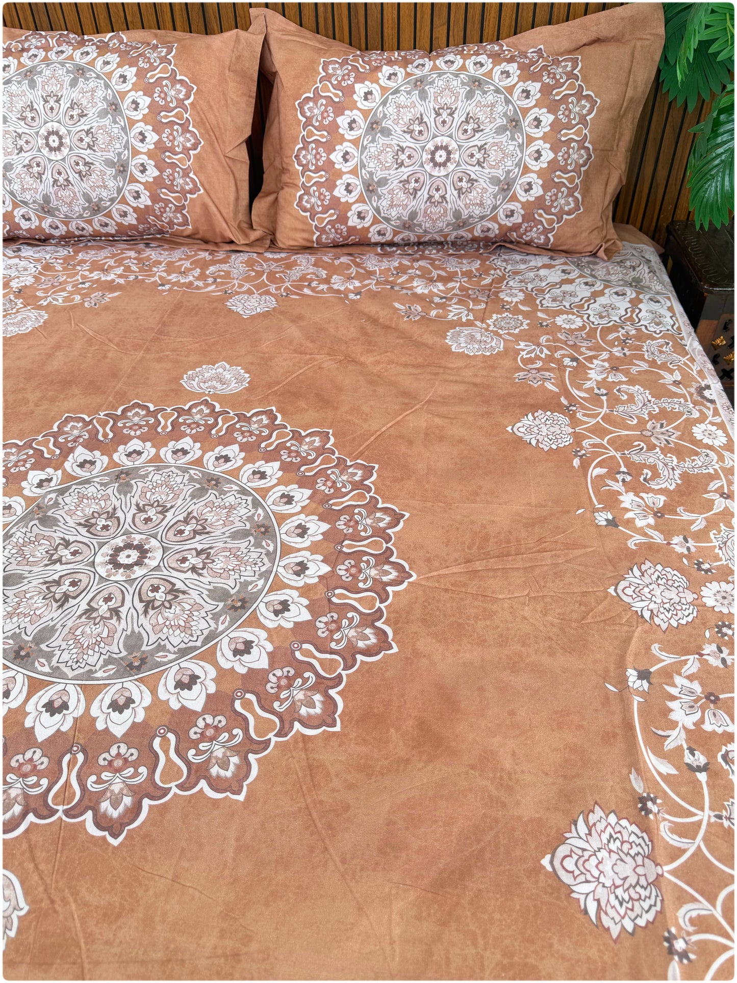Ethnic Premium Super King Size Bedsheet - 300TC - Rust
