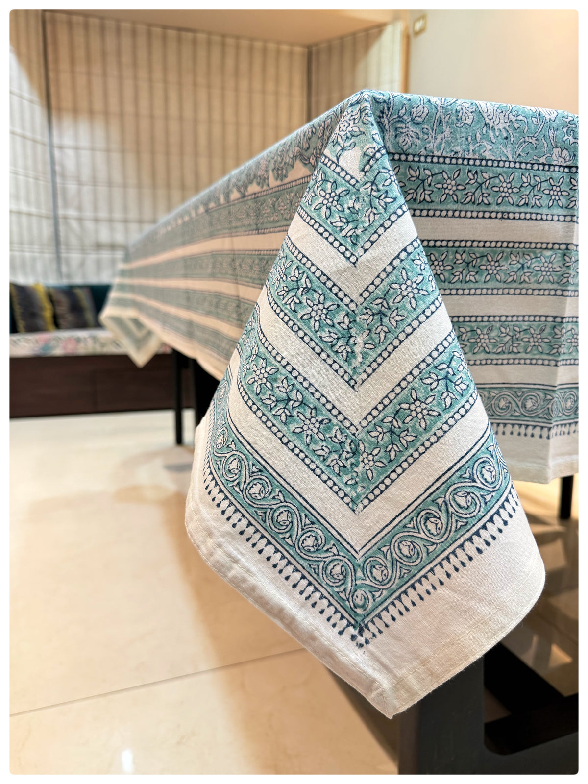 Handblock White & Sea Green Table Cover – 6 Seater