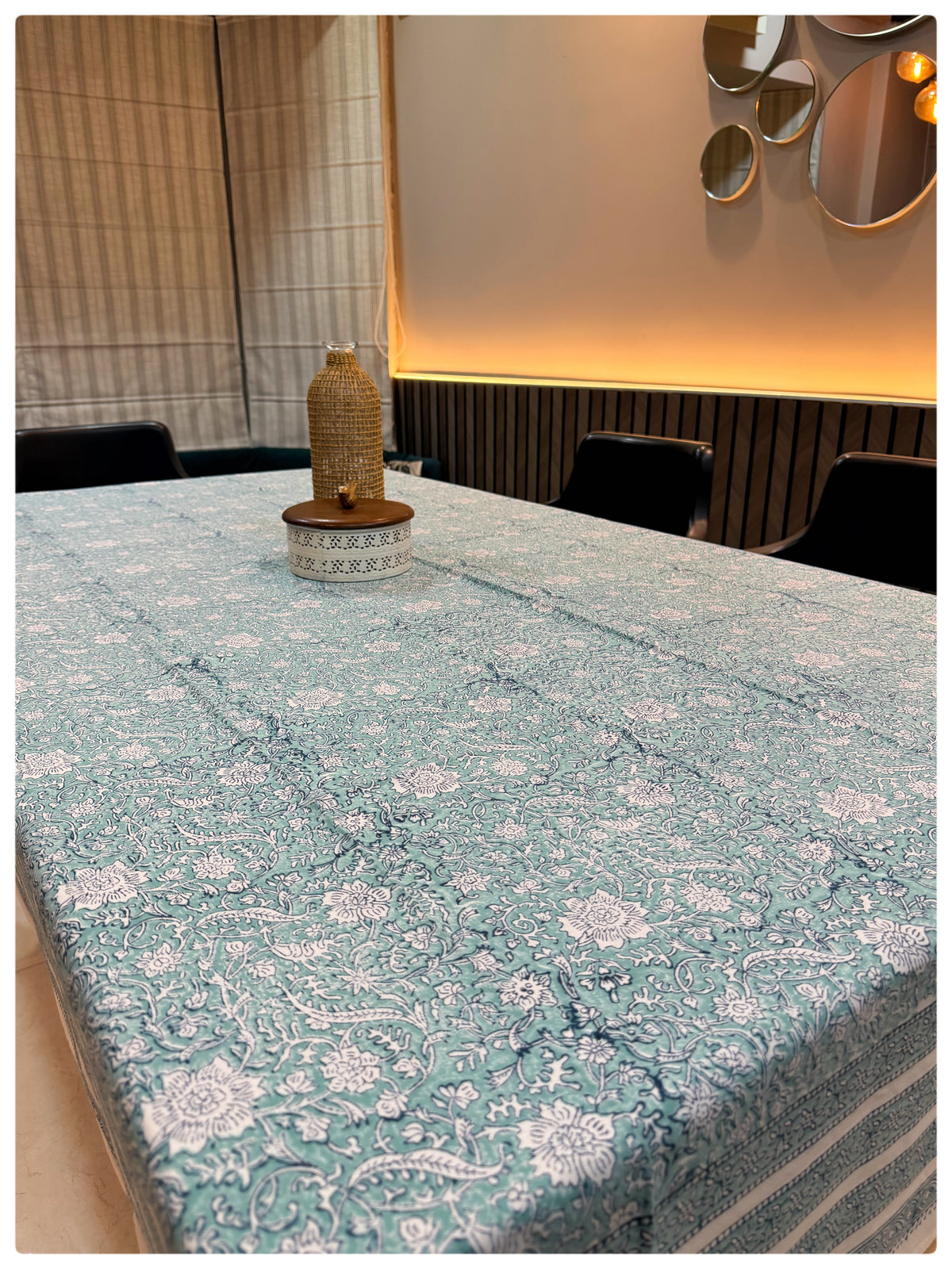 Handblock White & Sea Green Table Cover – 6 Seater