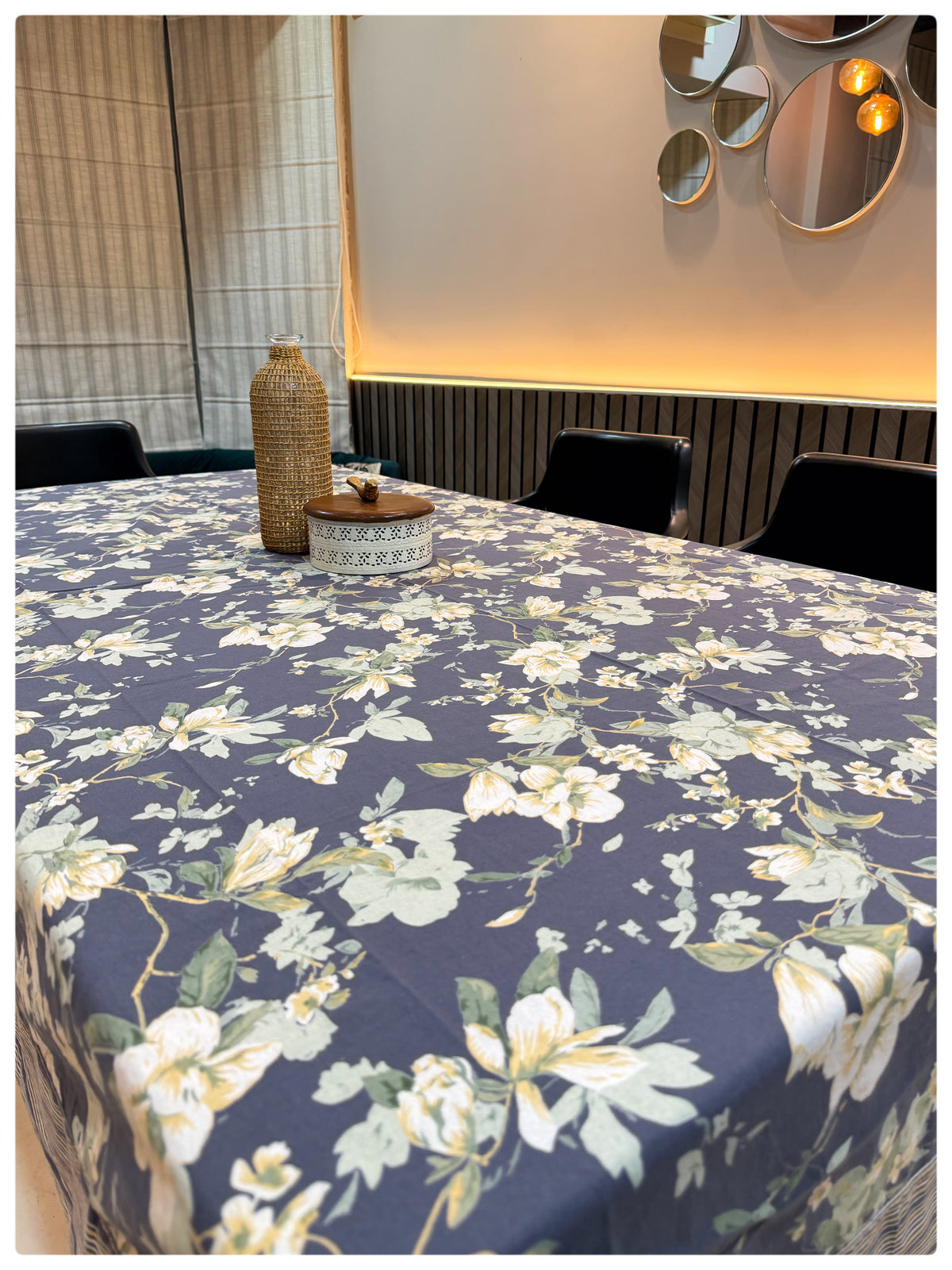 Ajrakh Bluish Grey Floral Table Cover – 6 Seater