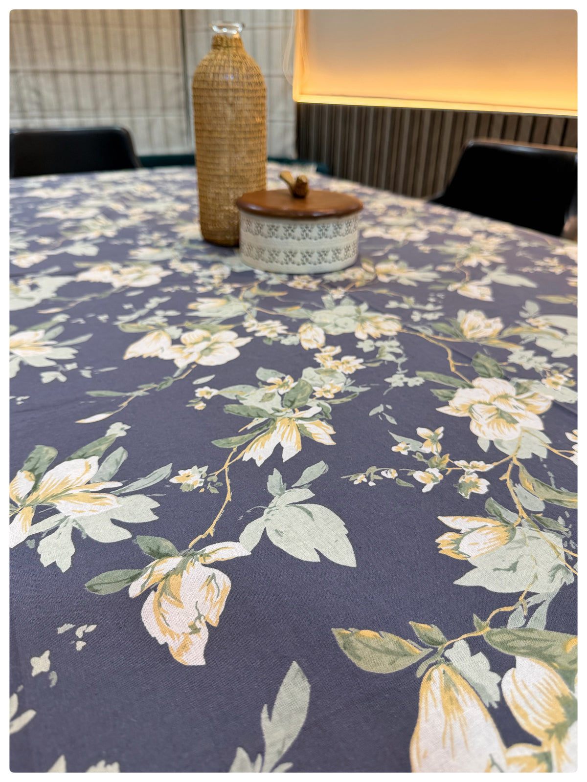Ajrakh Bluish Grey Floral Table Cover – 6 Seater
