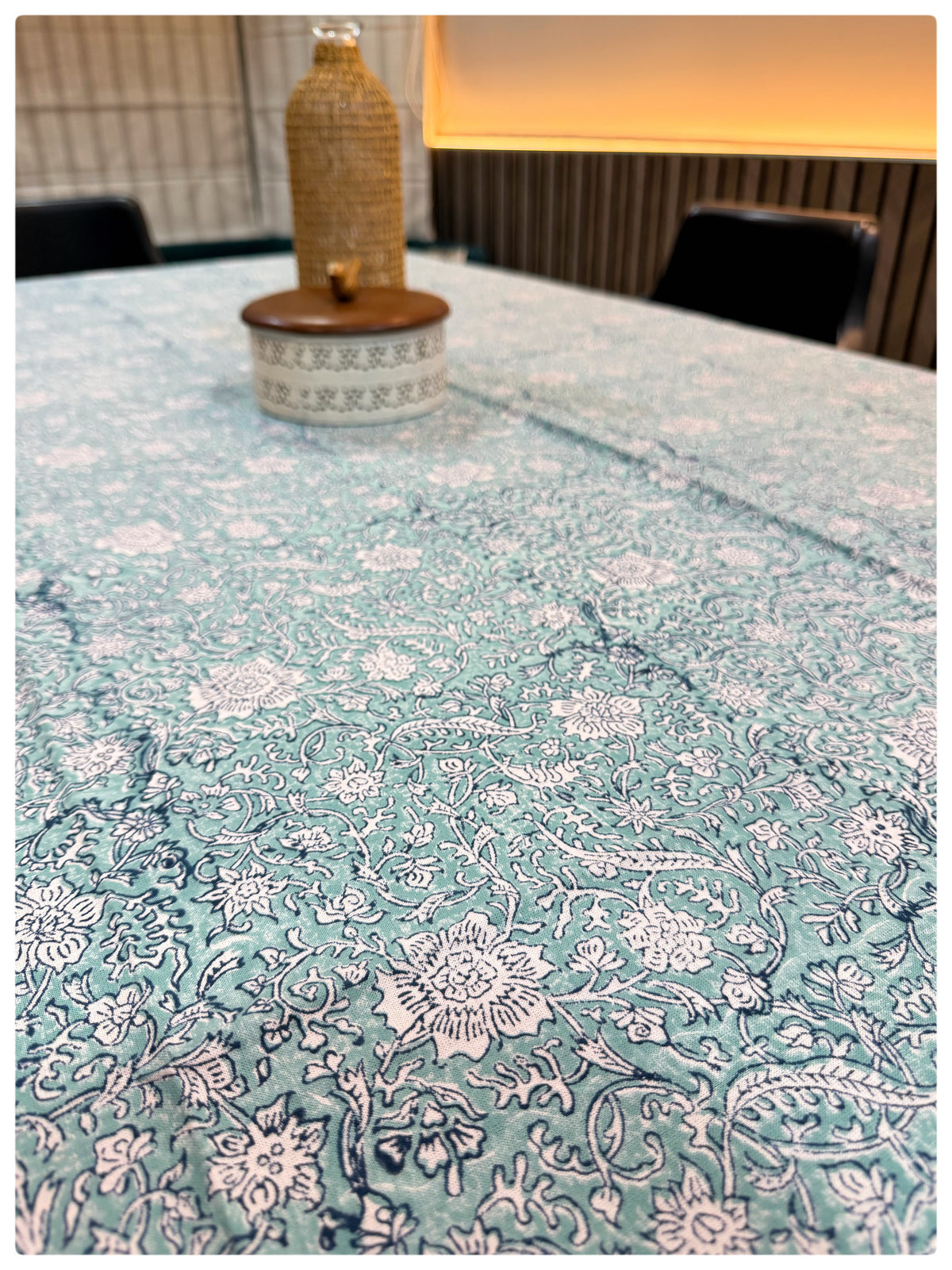 Handblock White & Sea Green Table Cover – 6 Seater