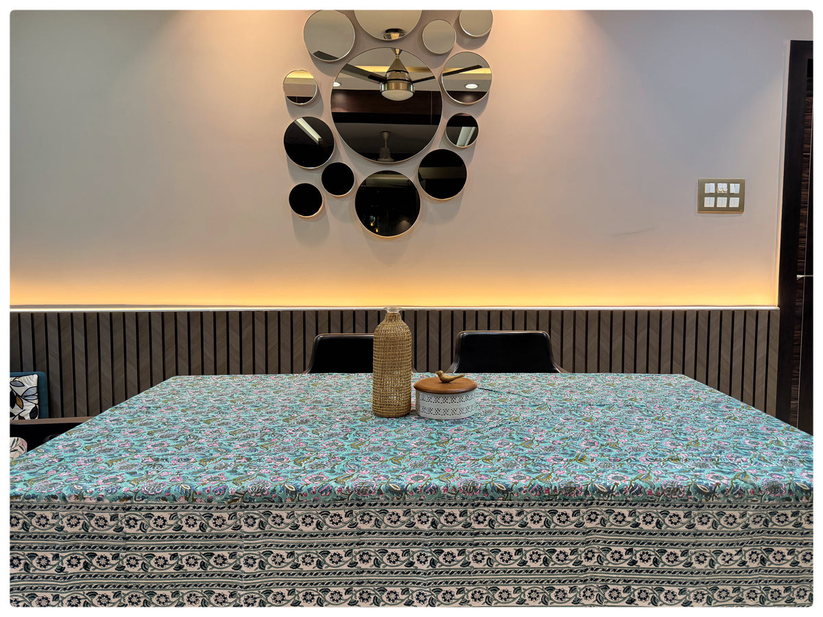 Handblock Sea Green Floral Table Cover – 6 Seater
