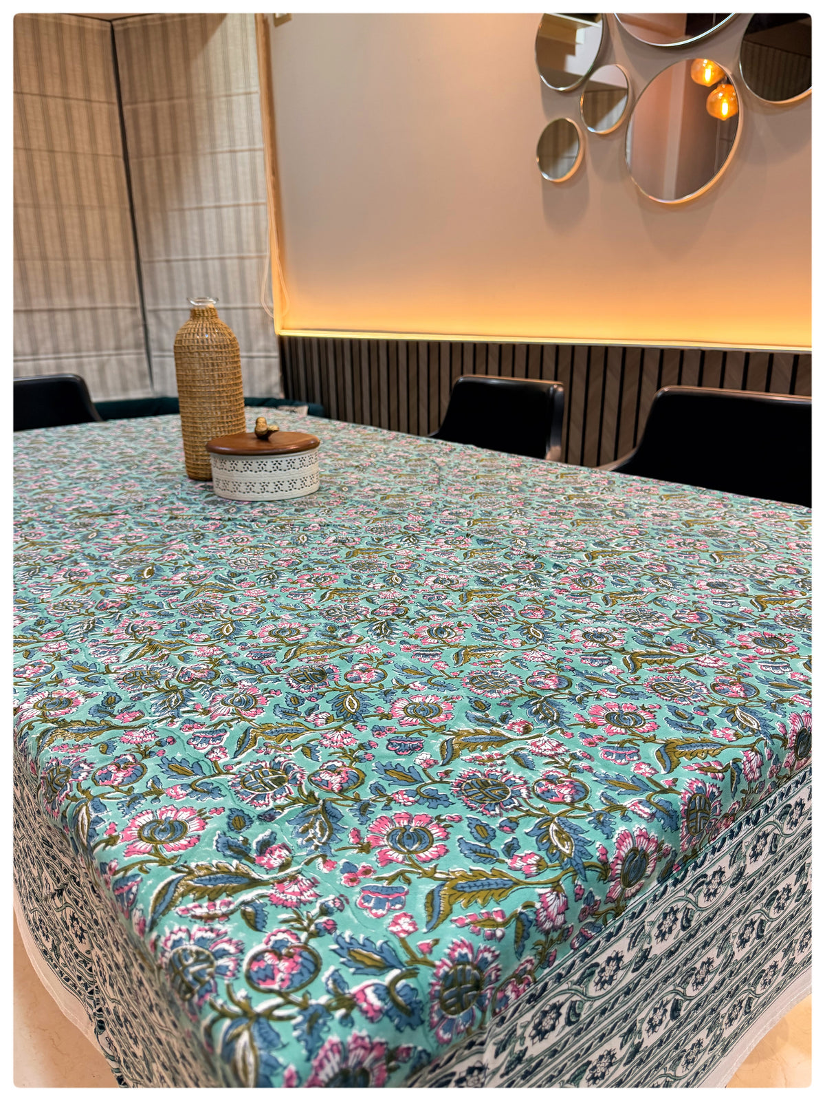 Handblock Sea Green Floral Table Cover – 6 Seater