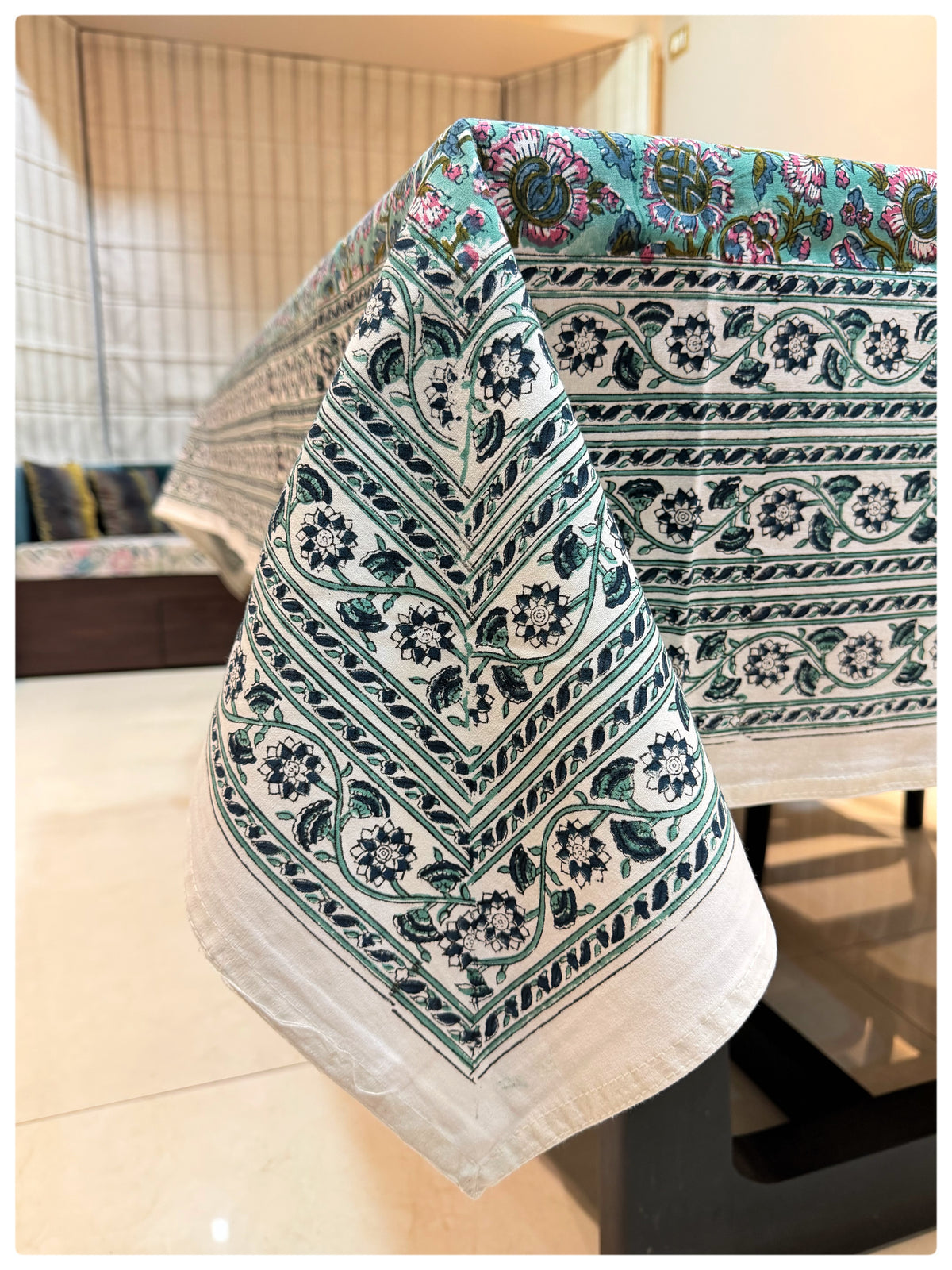 Handblock Sea Green Floral Table Cover – 6 Seater