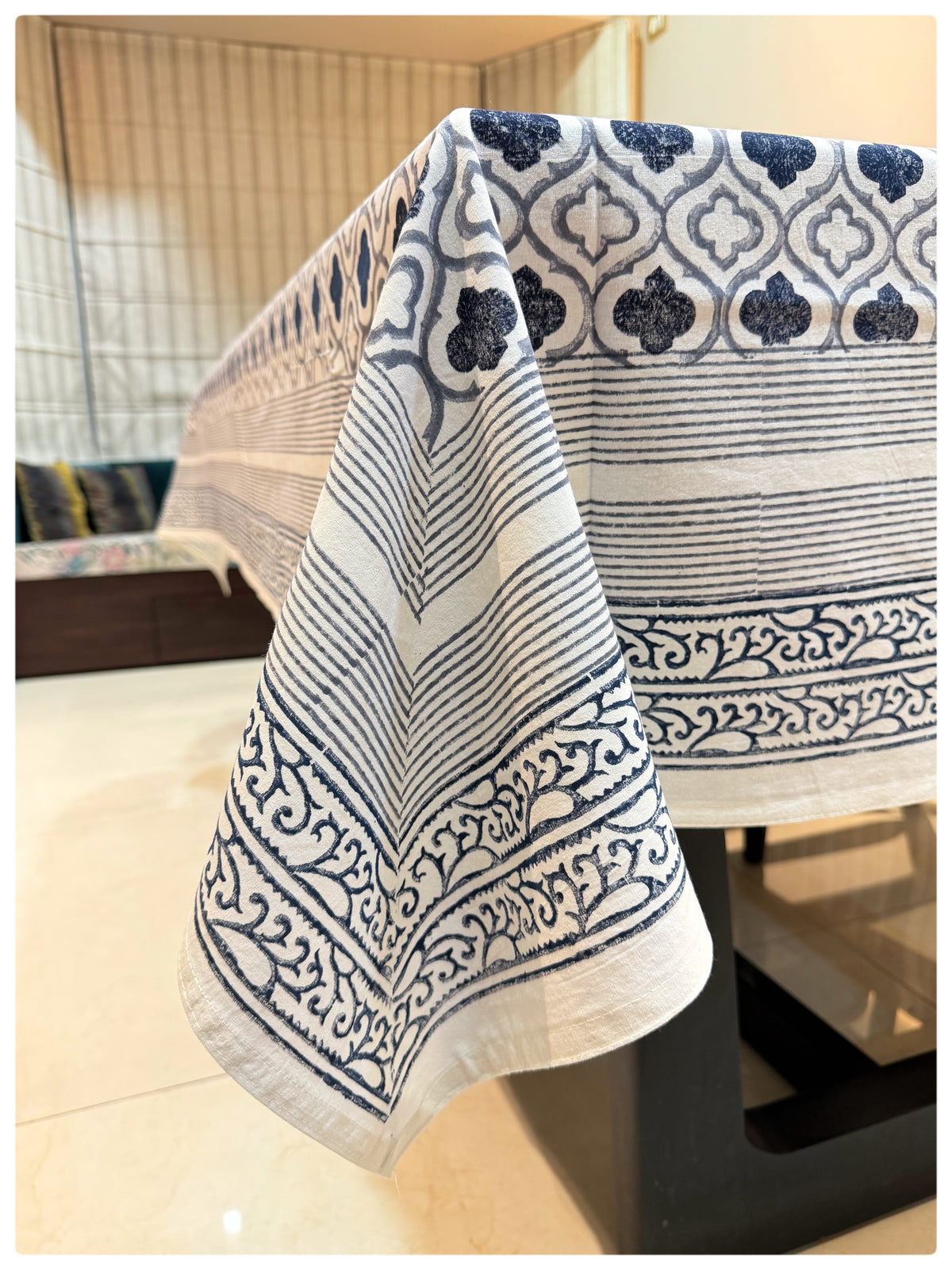 Handblock White & Navy Table Cover – 6 Seater