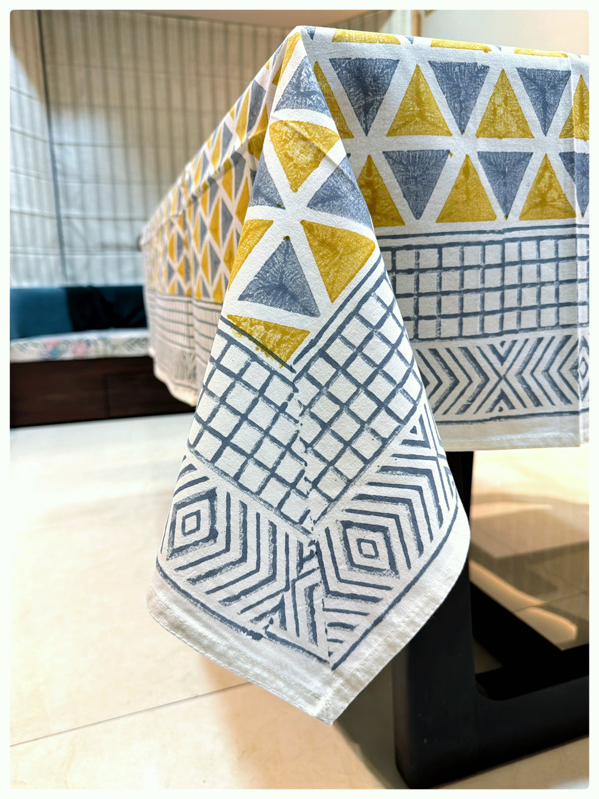 Handblock Grey & Yellow Table Cover – 4 Seater (40 x 60 inches)