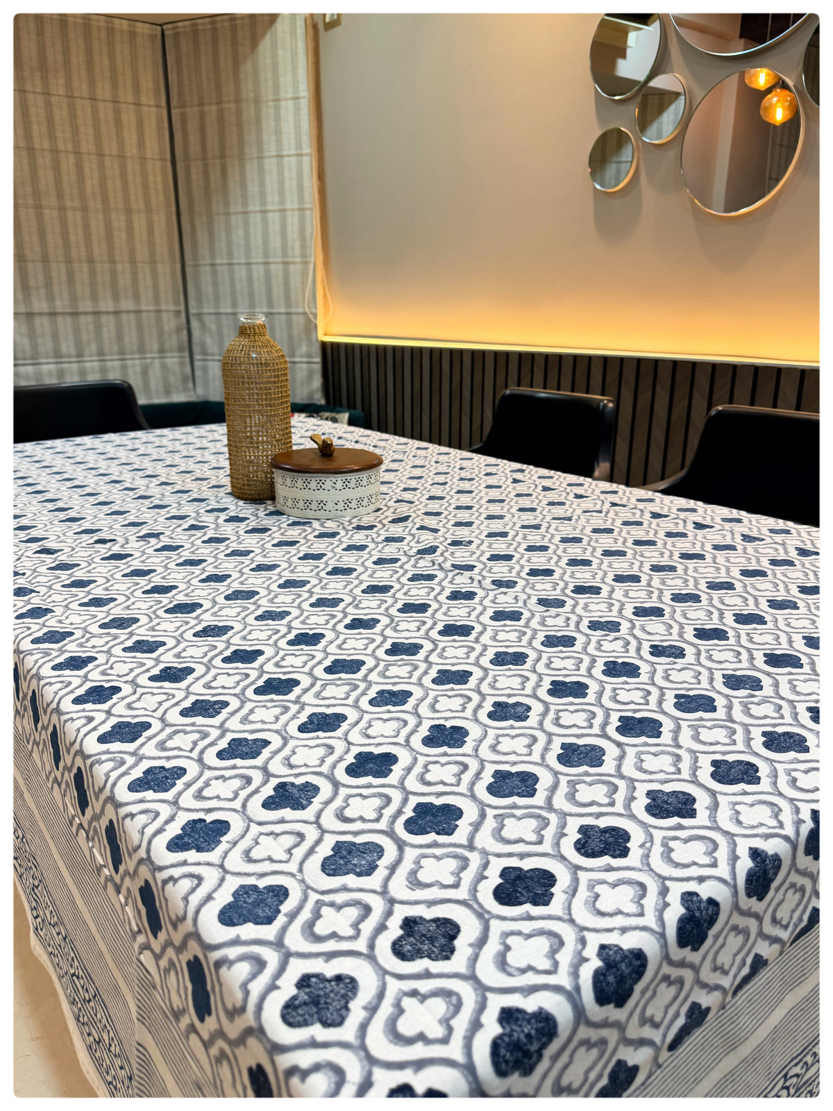 Handblock White & Navy Table Cover – 6 Seater