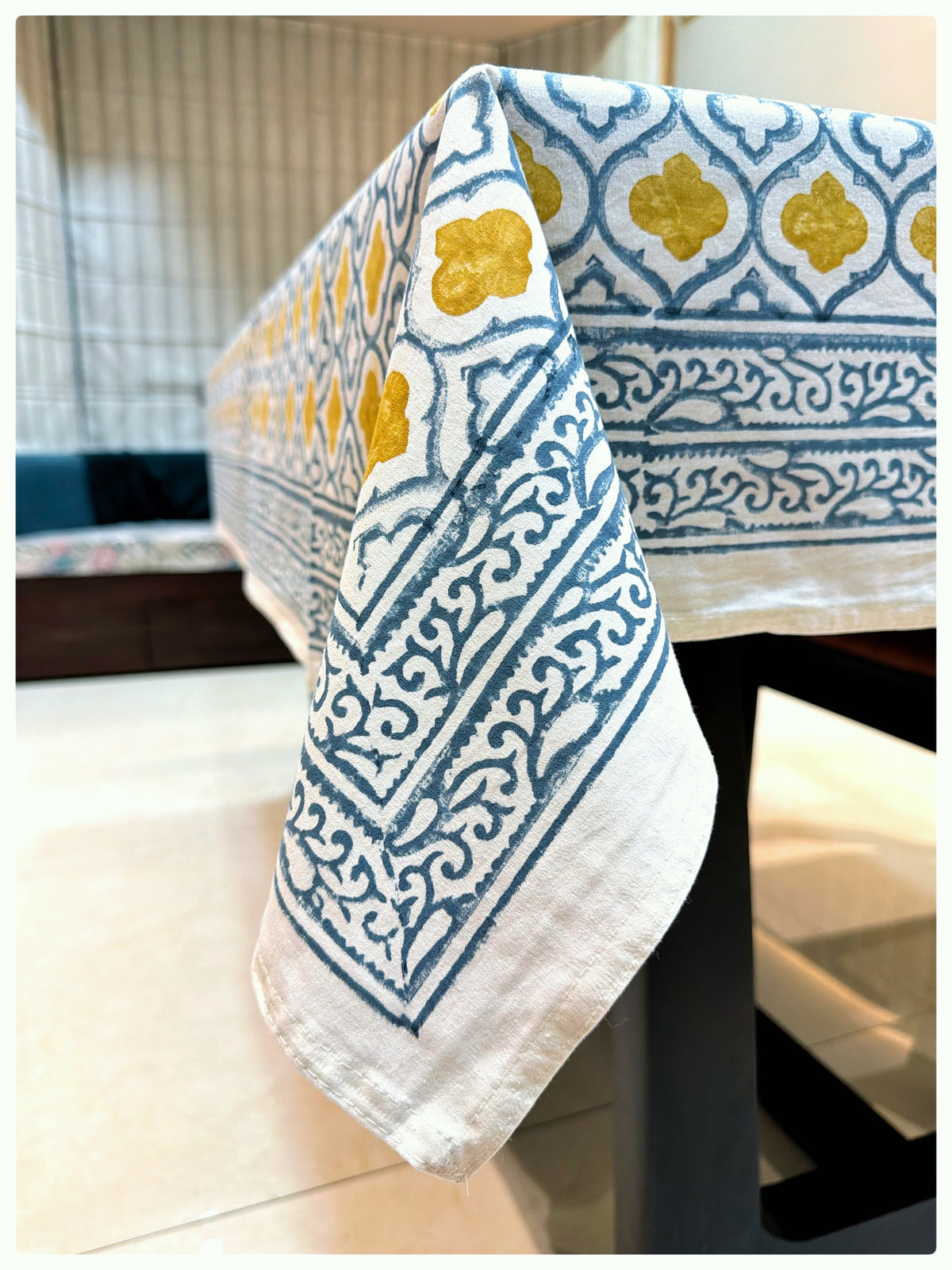 Handblock White & Mustard Table Cover – 4 Seater (40 x 60 inches)