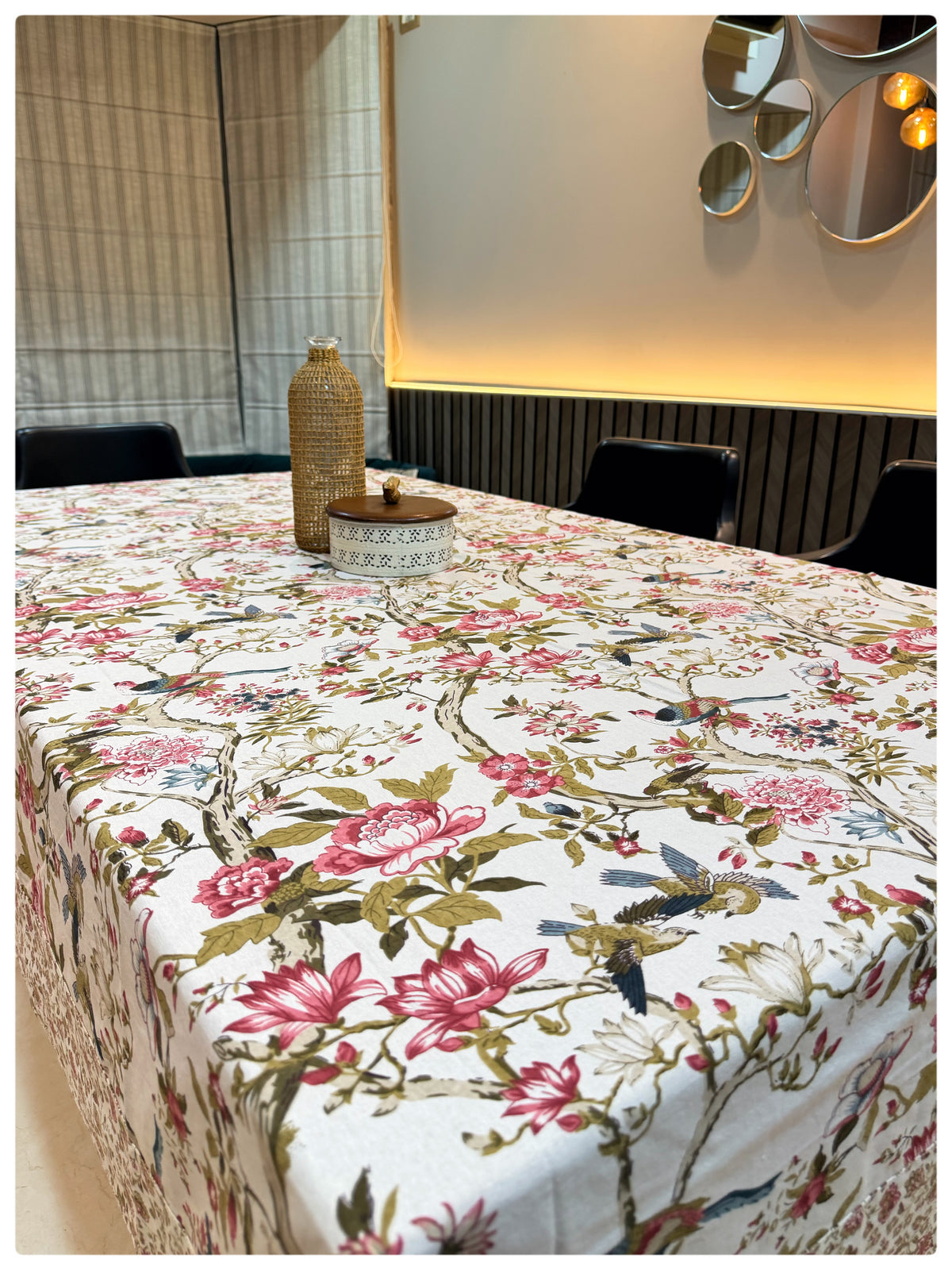 Ajrakh White Floral Table Cover – 6 Seater