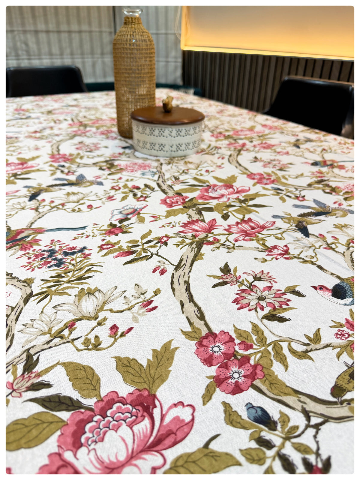 Ajrakh White Floral Table Cover – 6 Seater