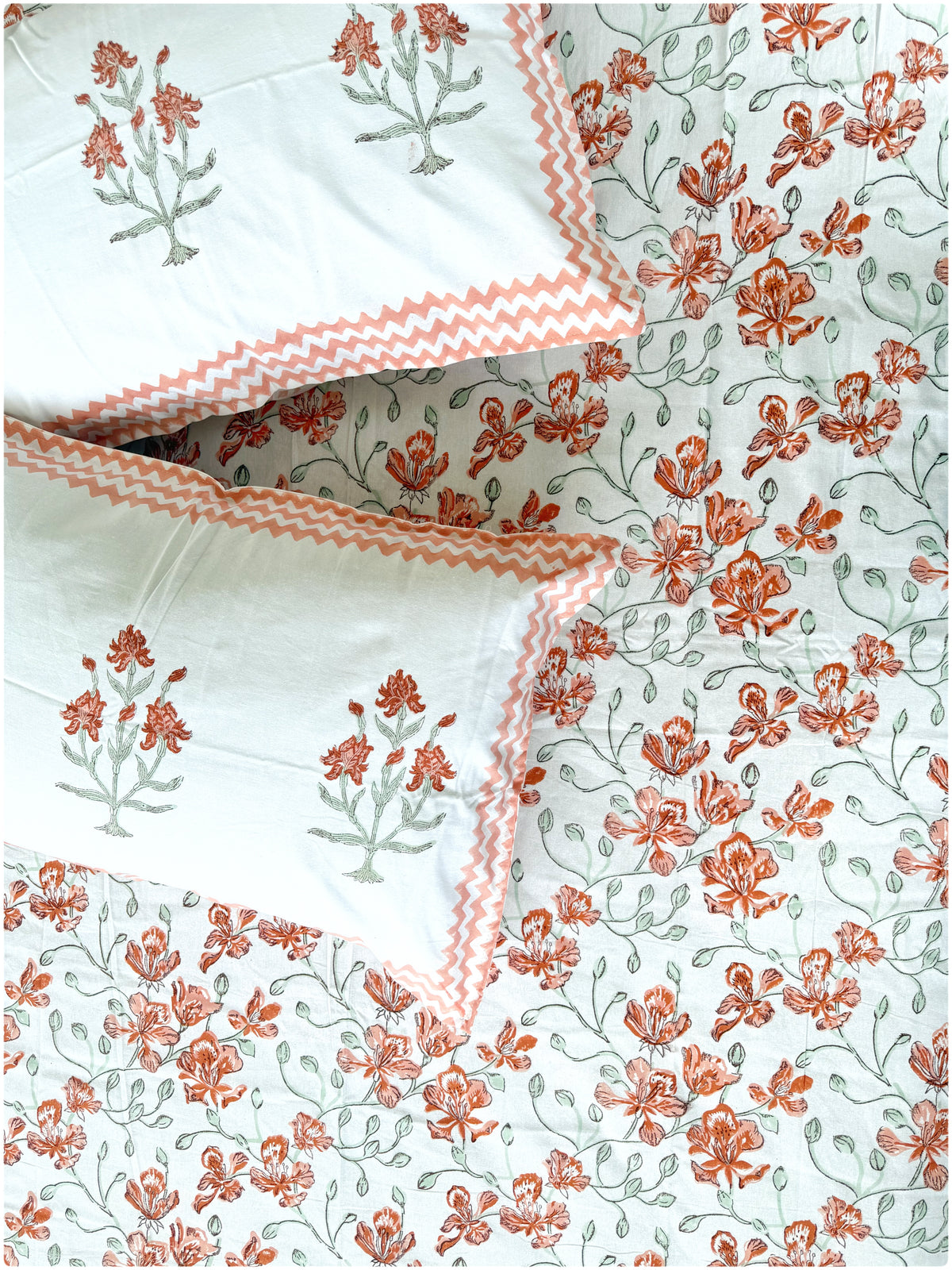 White & Peach OG Handblock Super King Bedsheet