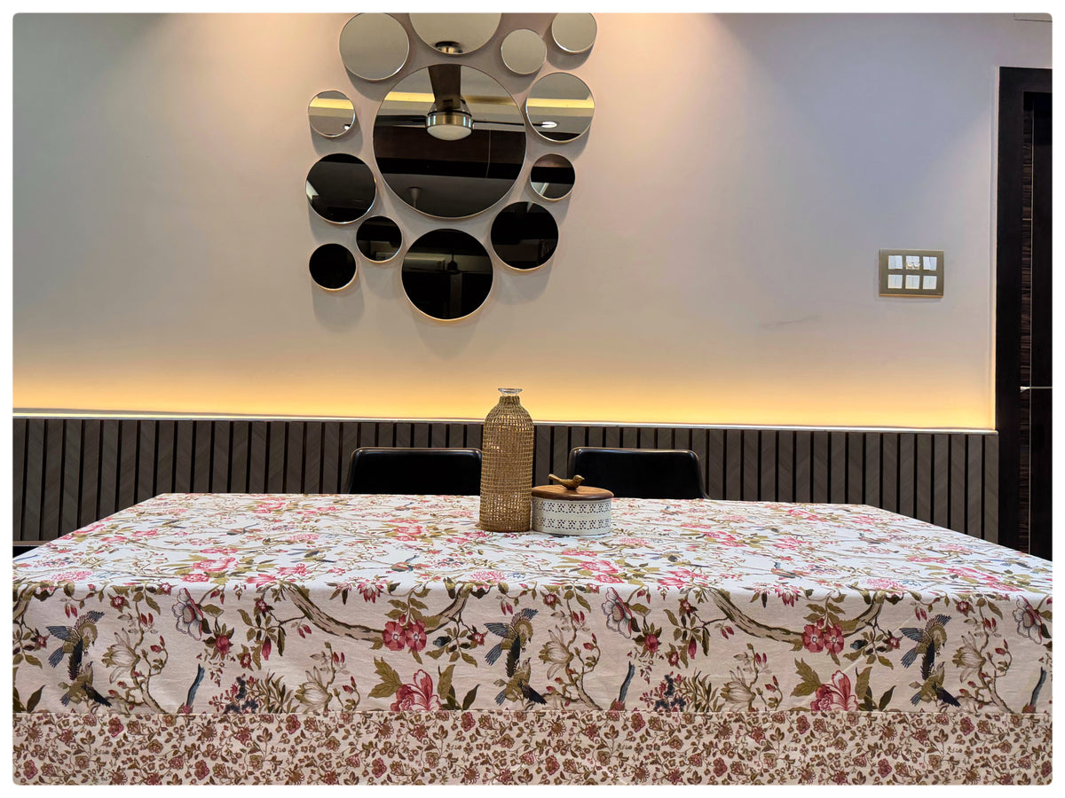 Ajrakh White Floral Table Cover – 6 Seater