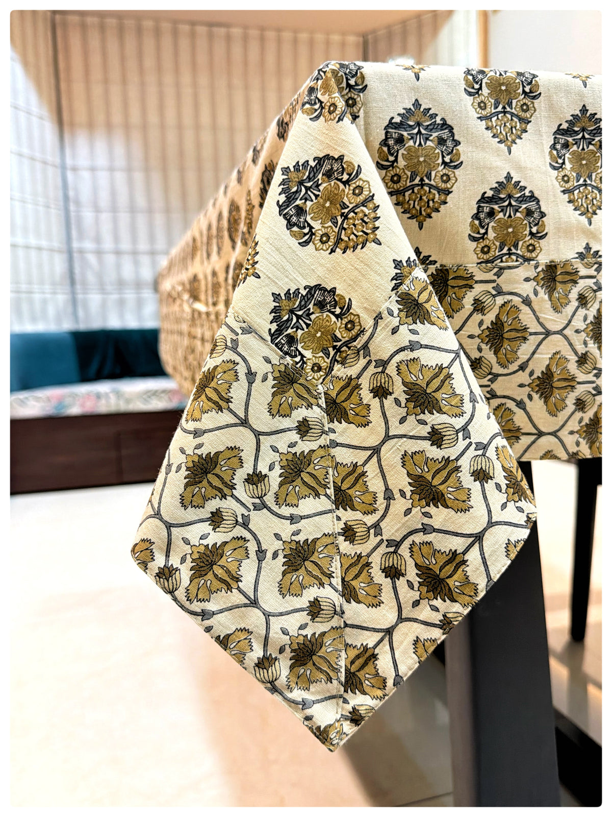 Ajrakh Cream & M.Green Table Cover – 4 Seater (40 x 60 inches)