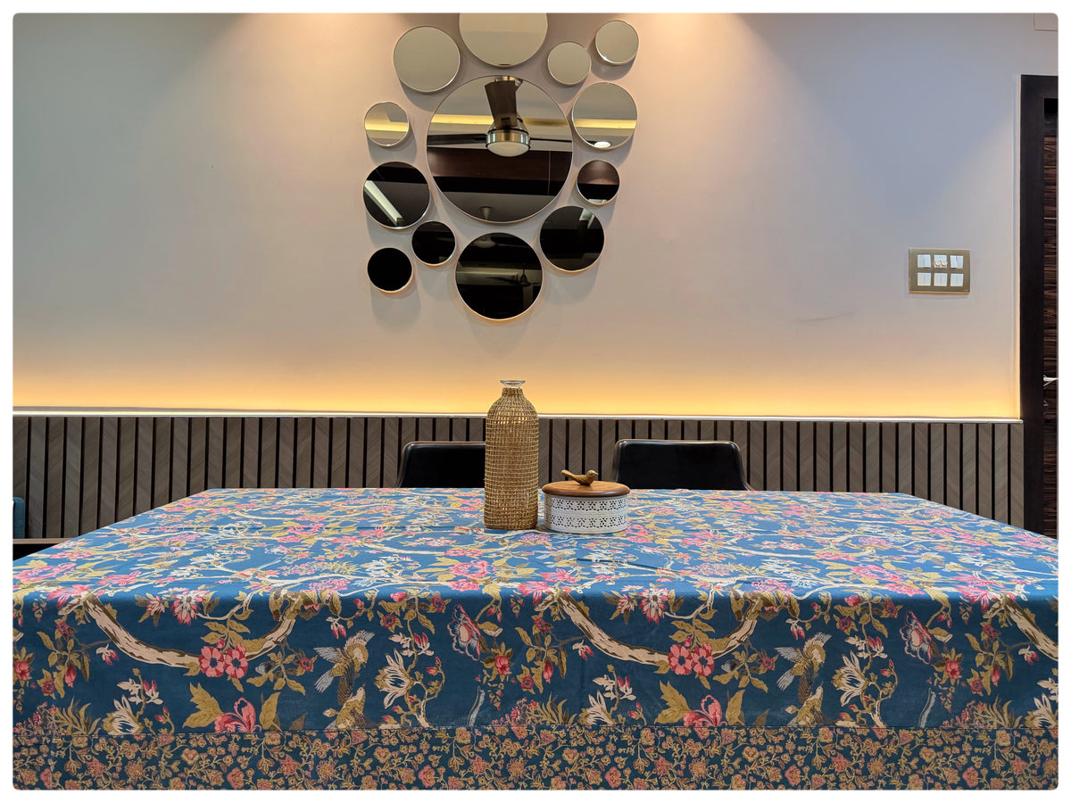 Ajrakh Teal Blue Floral Table Cover – 6 Seater