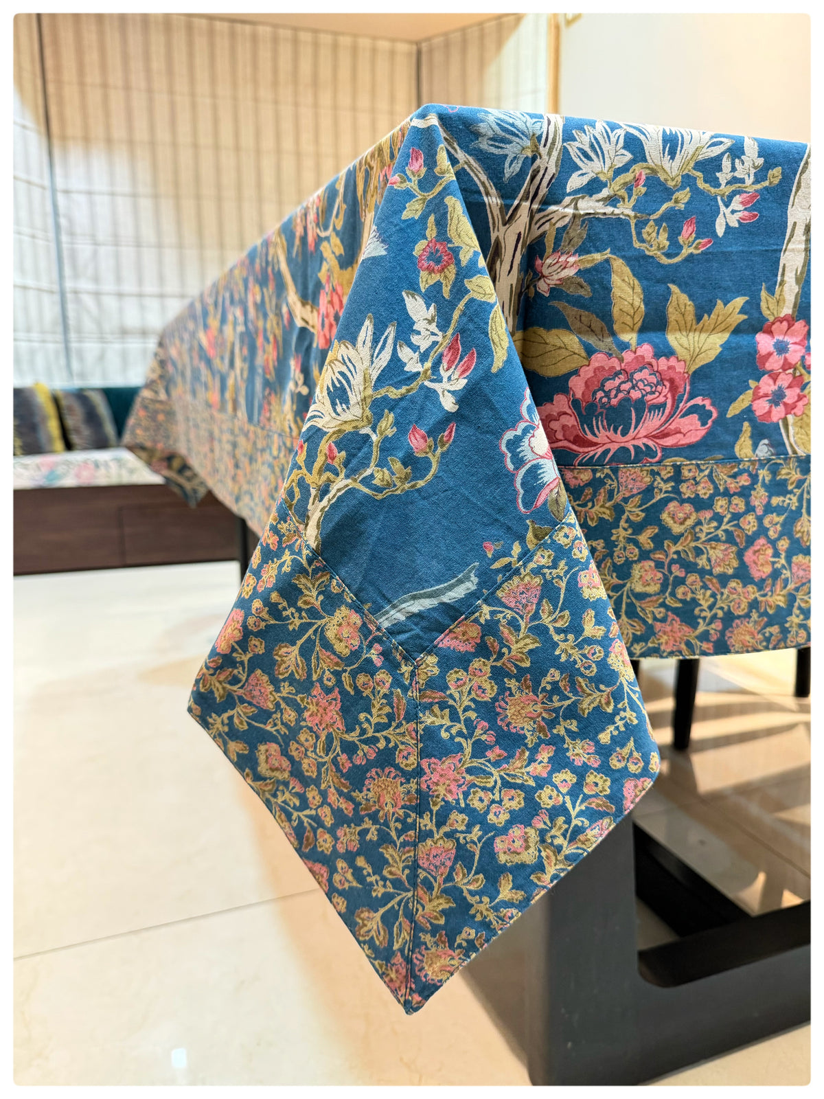 Ajrakh Teal Blue Floral Table Cover – 6 Seater
