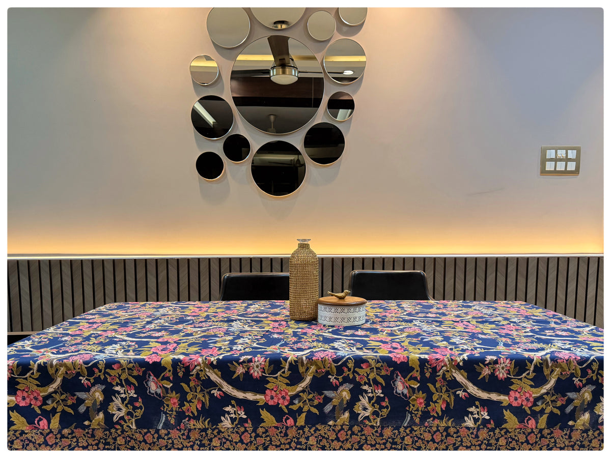 Ajrakh Navy Floral Table Cover – 6 Seater