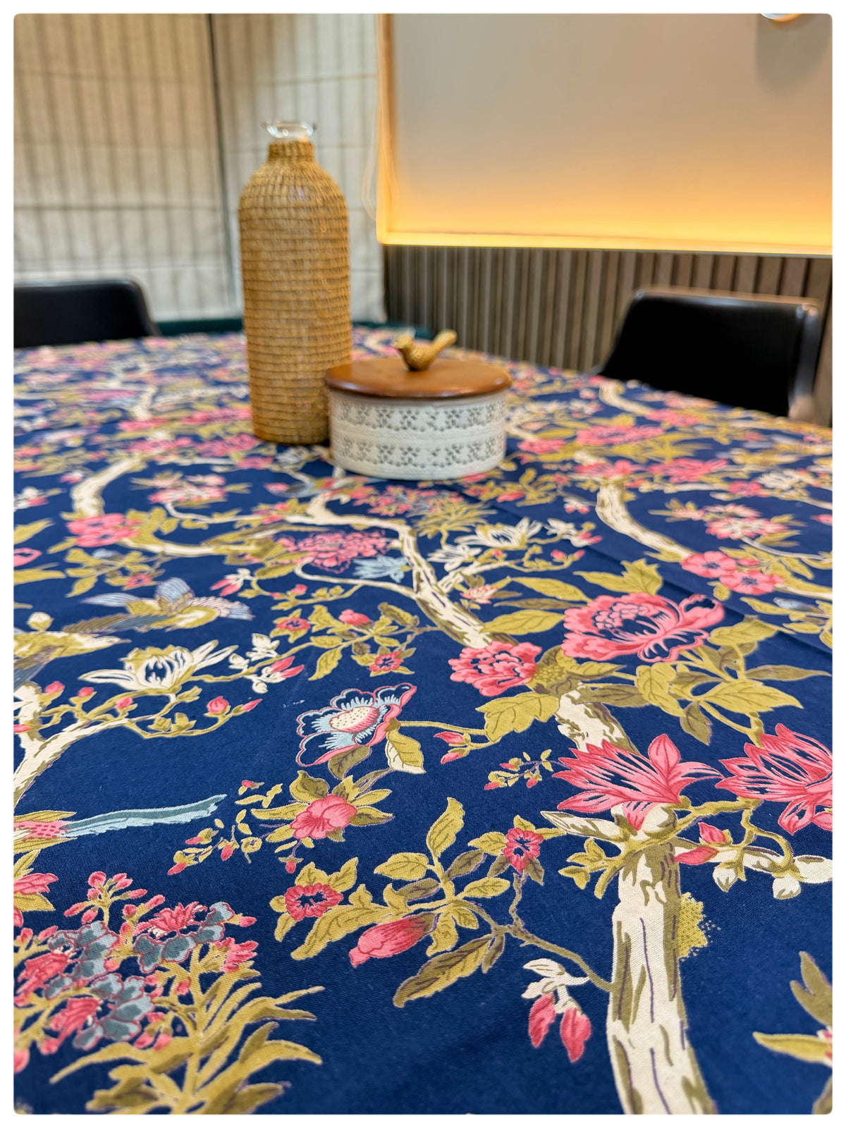 Ajrakh Navy Floral Table Cover – 6 Seater