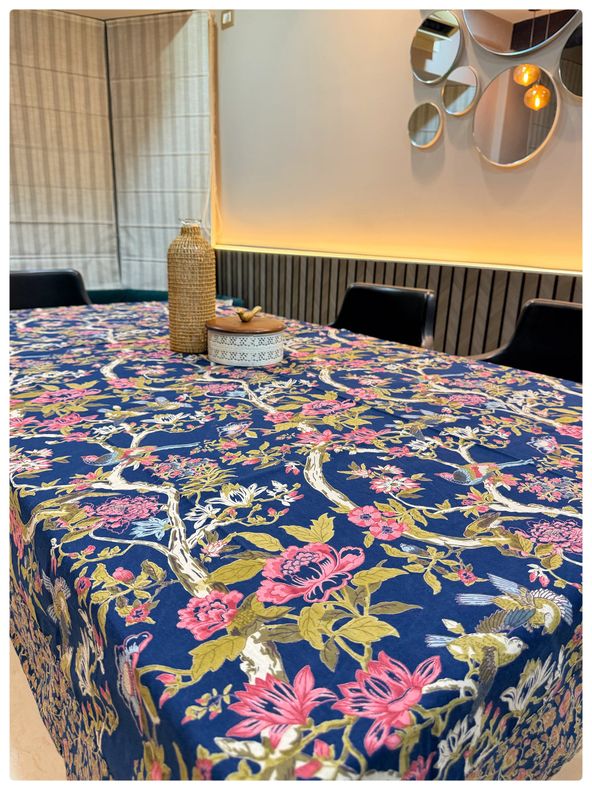 Ajrakh Navy Floral Table Cover – 6 Seater