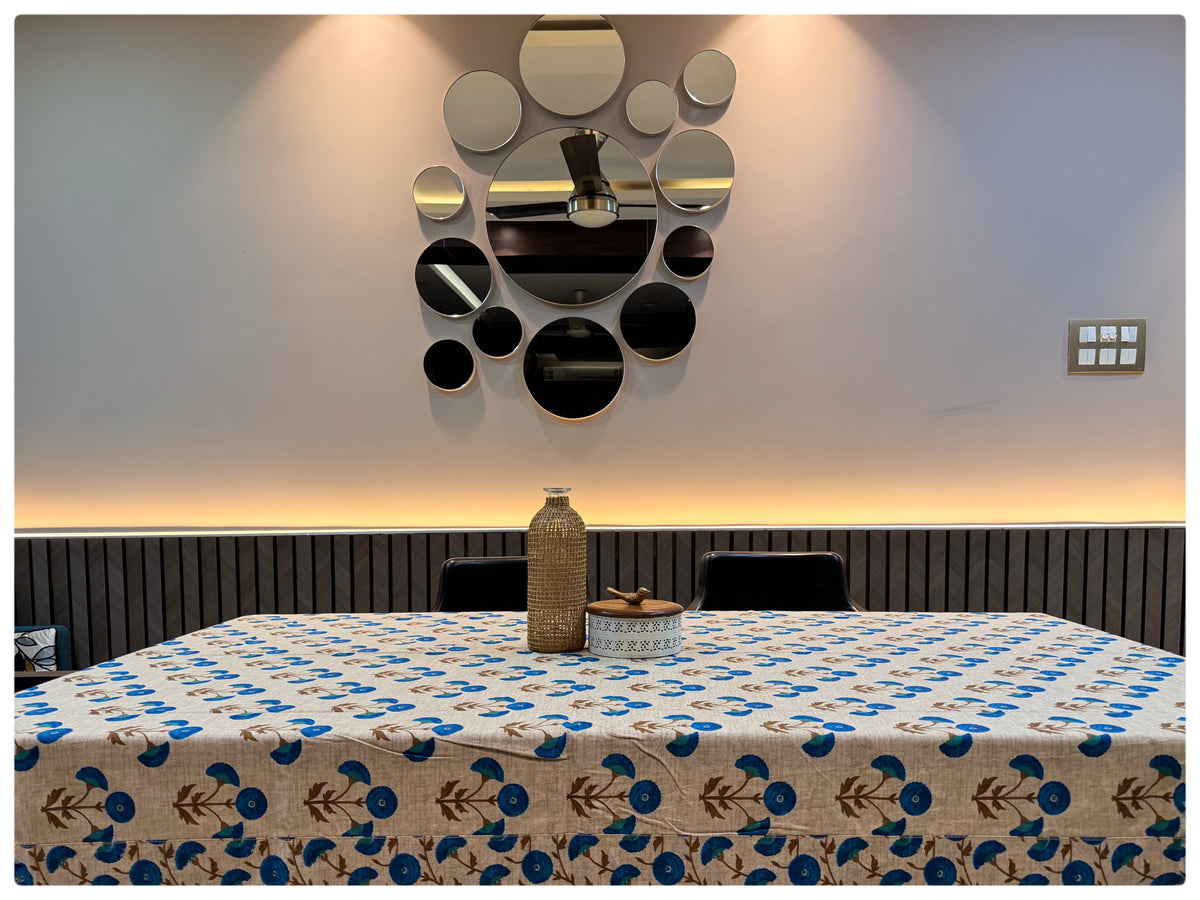 Ajrakh Cream & Blue Floral Table Cover – 6 Seater