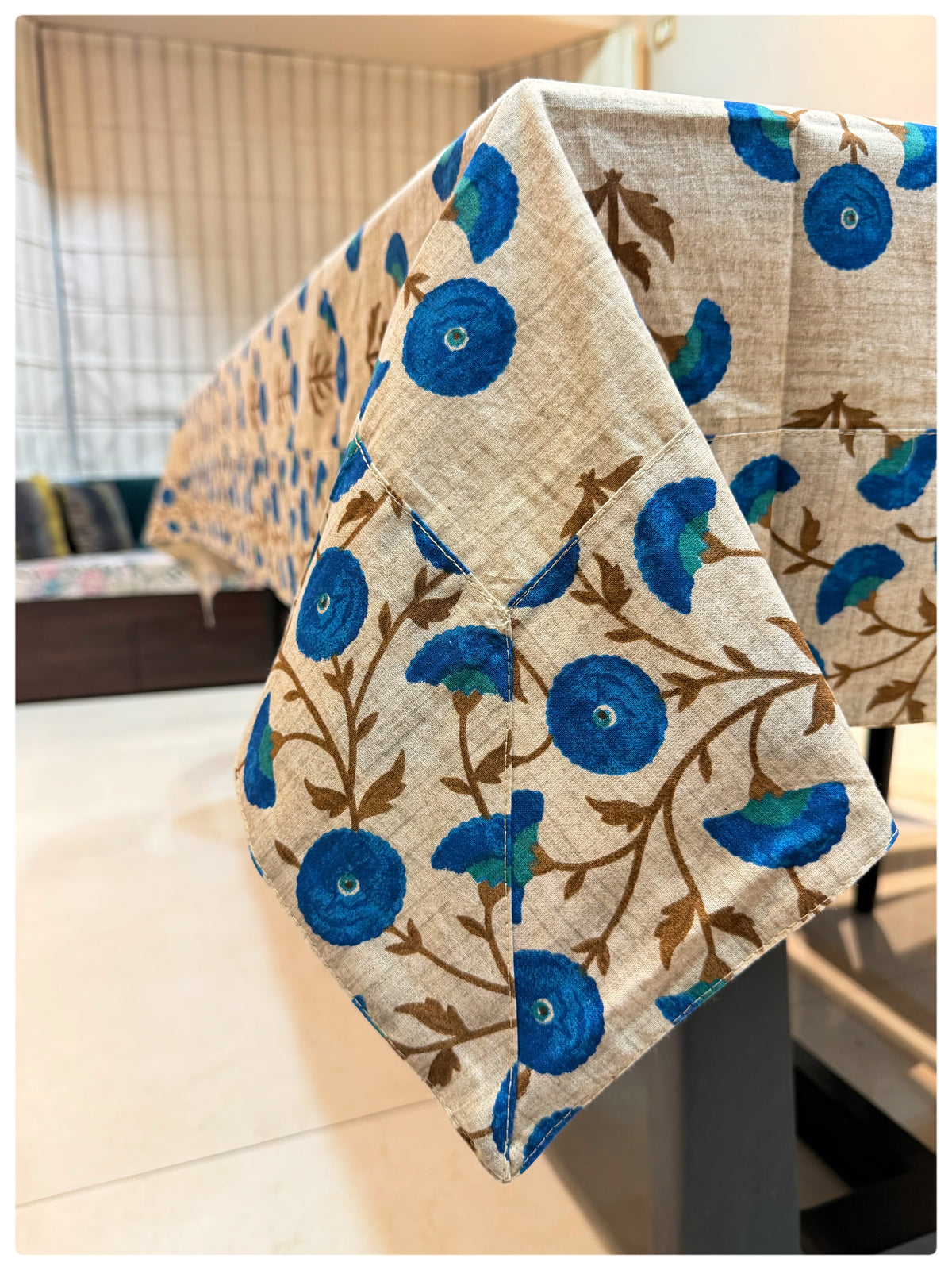 Ajrakh Cream & Blue Floral Table Cover – 6 Seater