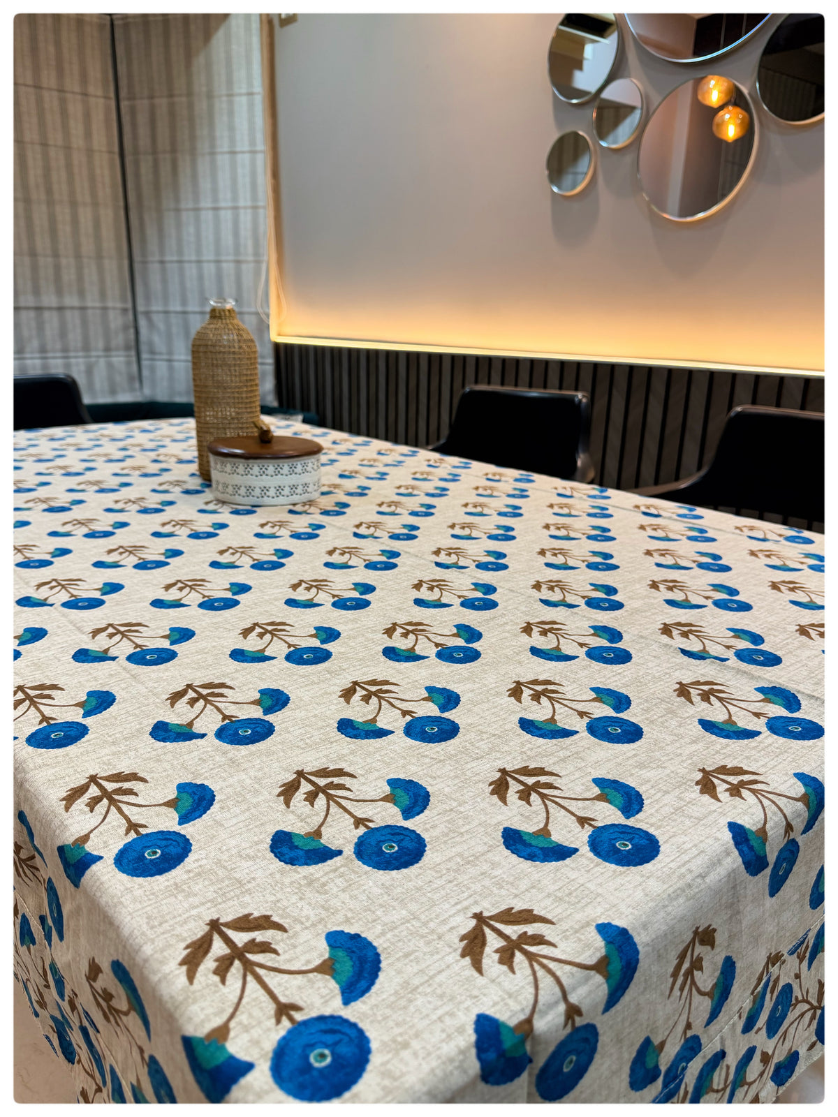 Ajrakh Cream & Blue Floral Table Cover – 6 Seater