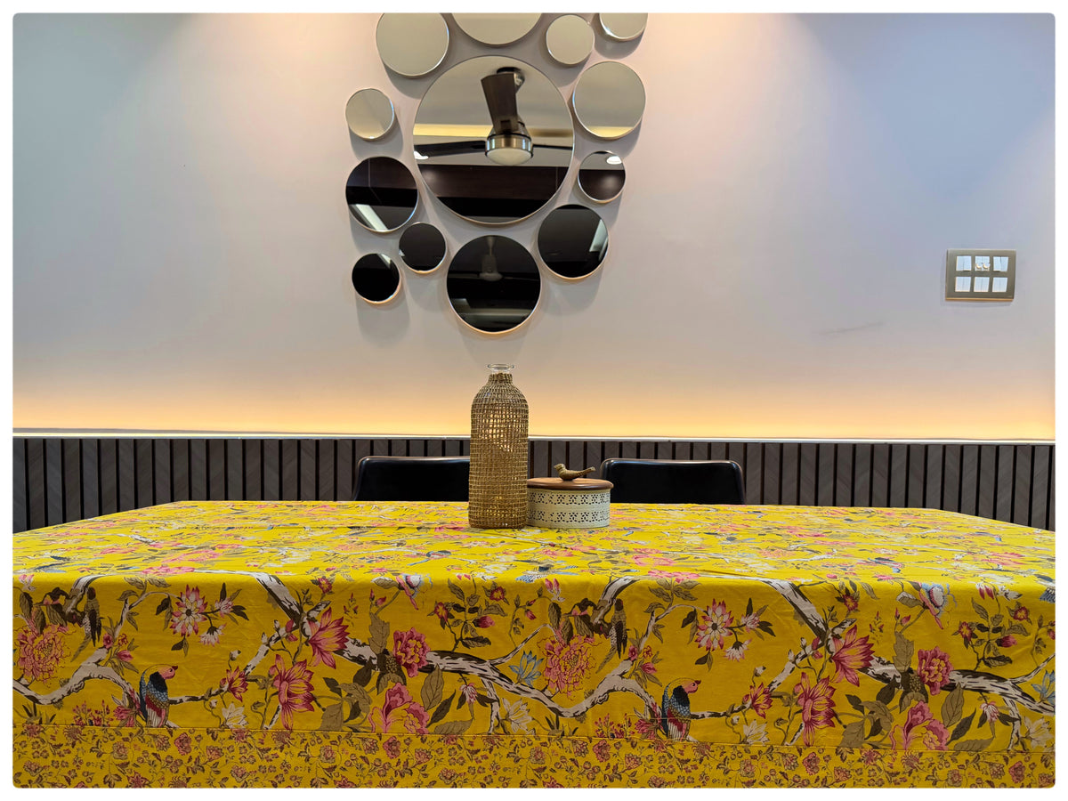Ajrakh Bright Yellow Floral Table Cover – 6 Seater
