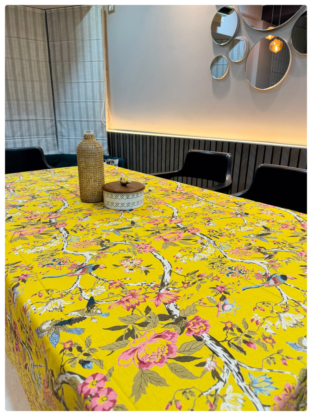 Ajrakh Bright Yellow Floral Table Cover – 6 Seater