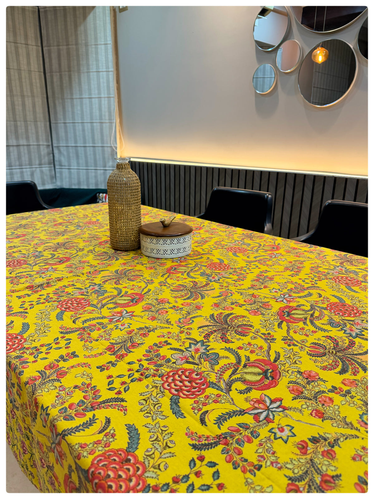 Ajrakh Classic Yellow Floral Table Cover – 6 Seater