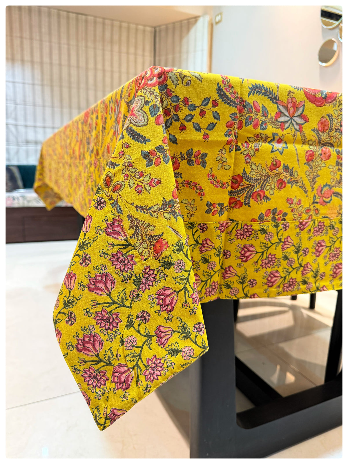 Ajrakh Classic Yellow Floral Table Cover – 6 Seater