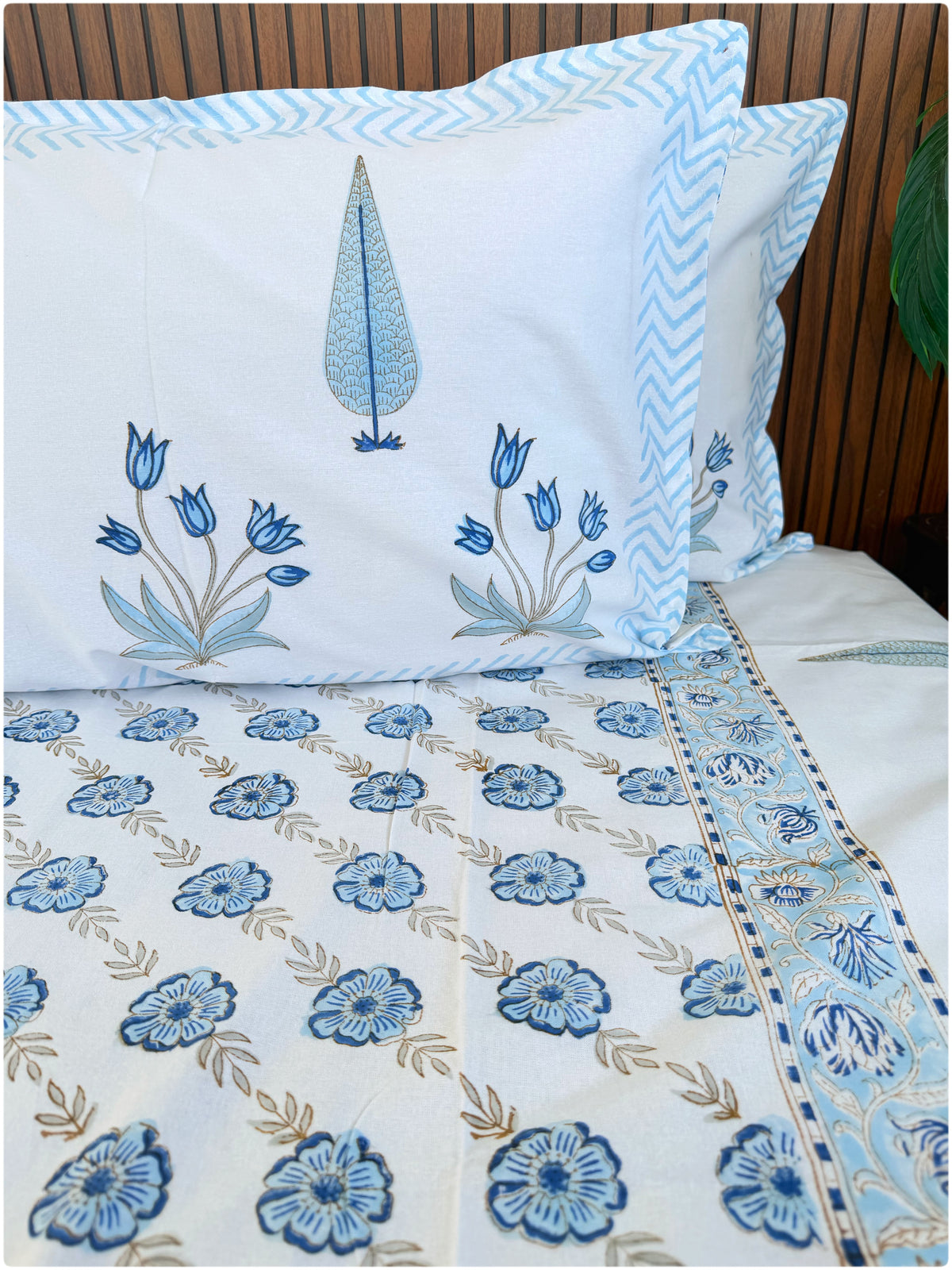Aqua Bloom Handblock Queen Bedsheet